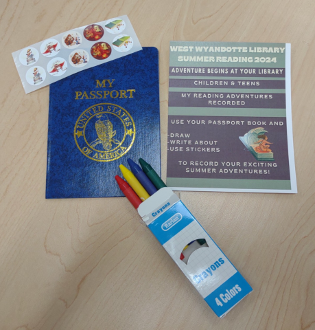 Passport book, stickers, 4 crayons, and instructions