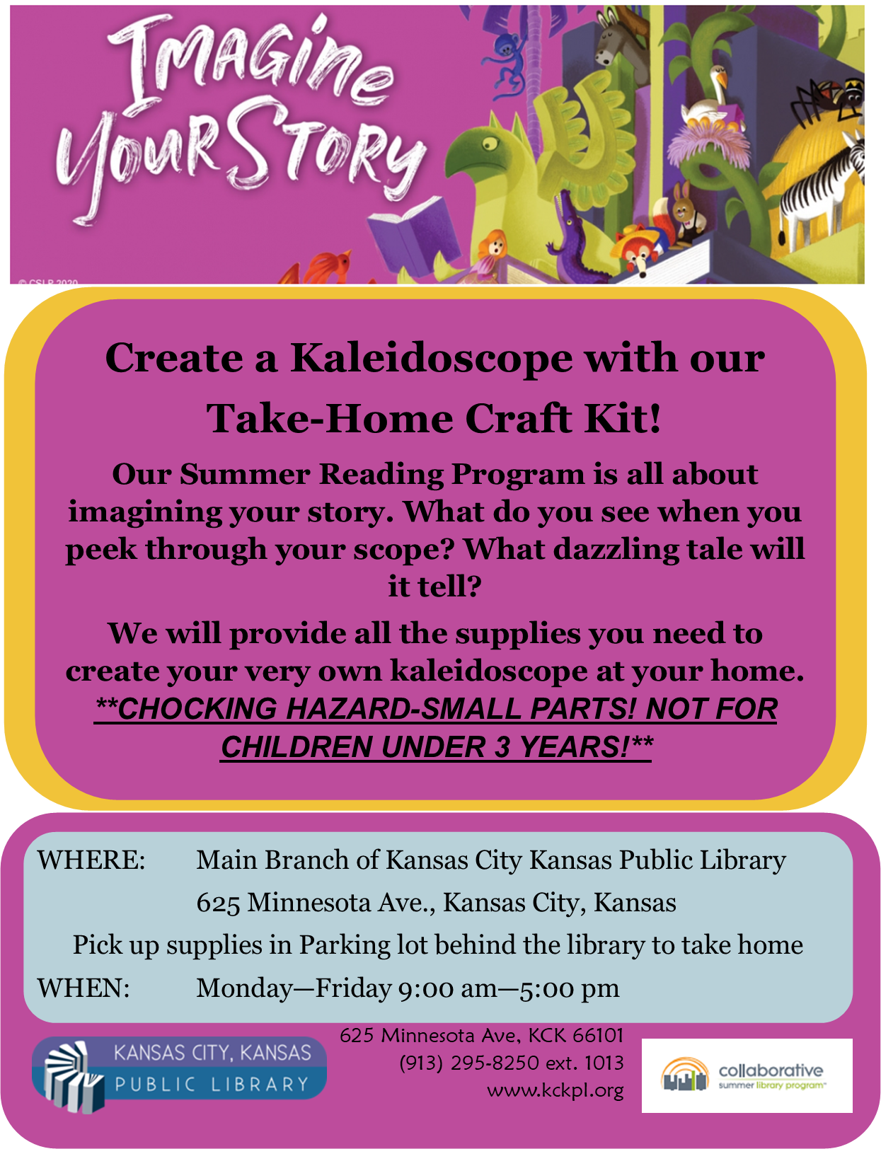Create a kaleidoscope with our Take-Home Craft Kit! We will provide all the supplies you need to create your very own Kaleidoscope at your home. Starting 6/22/20 through 6/26/20 between 9am and 2pm at the Main Branch Location pick the craft up via curbside while supplies last. 
