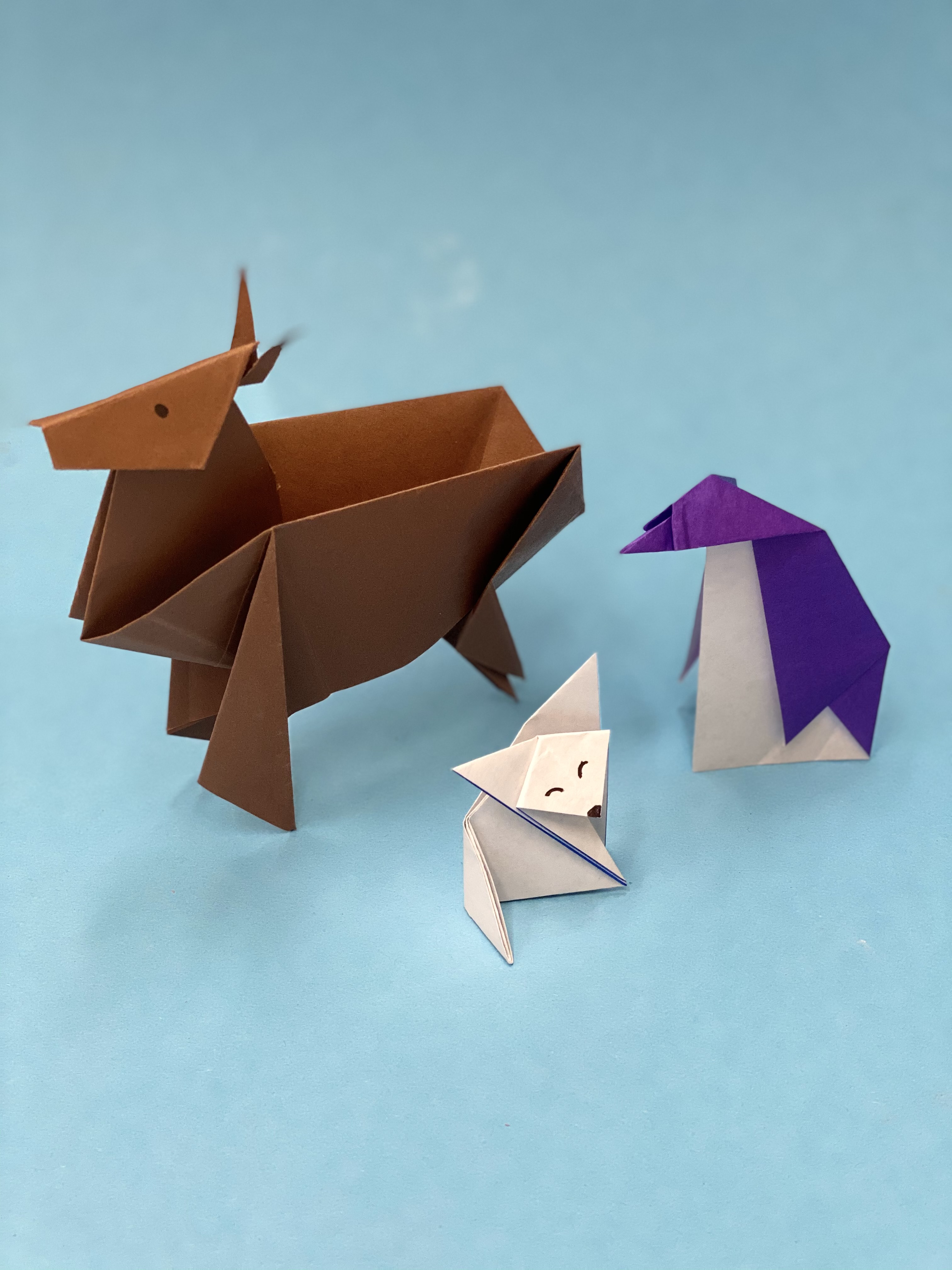 Image of origami deer, fox and penguin