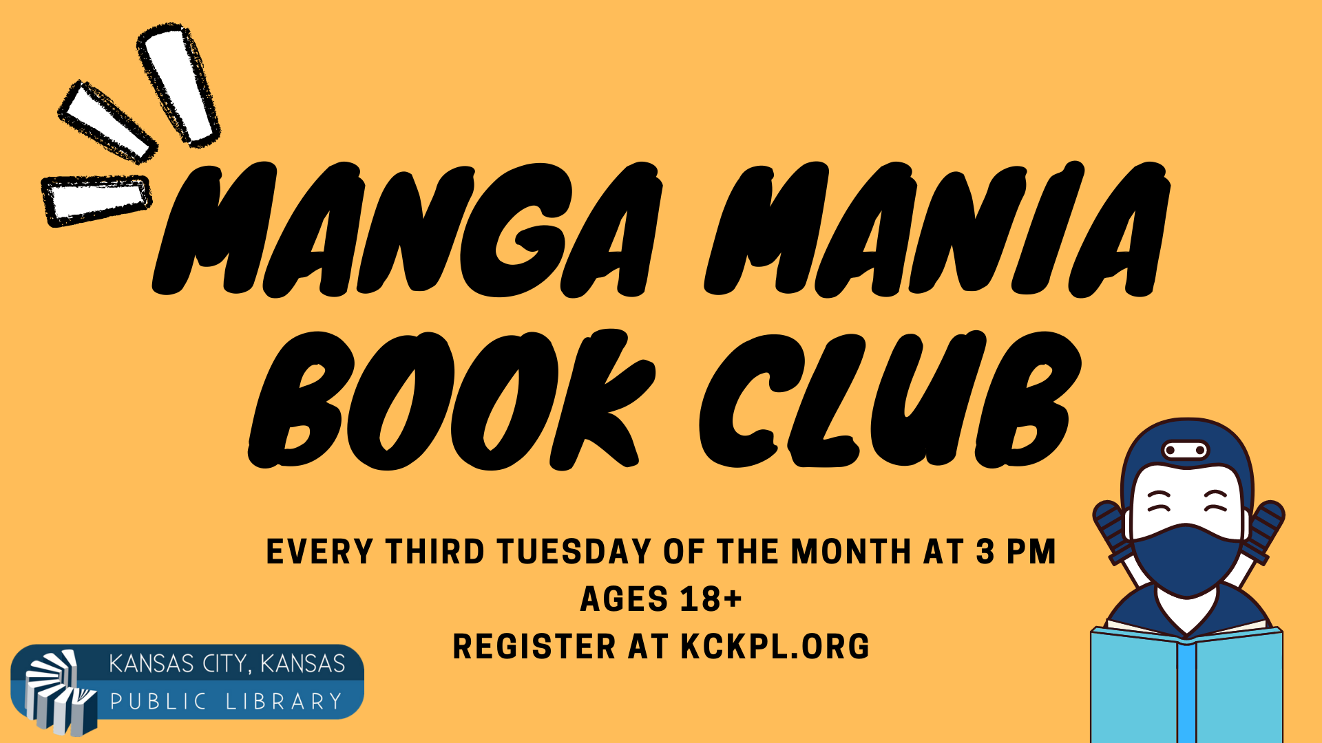 Manga Mania Book Club, Every third Tuesday of the month at 3 pm, ages 18 and up, register on kckpl.org
