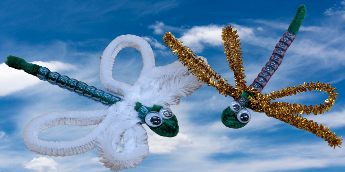 Two beaded dragonflies in the sky.