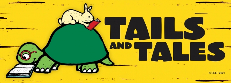 Tails and Tales banner image with turtle and rabbit reading to each other 