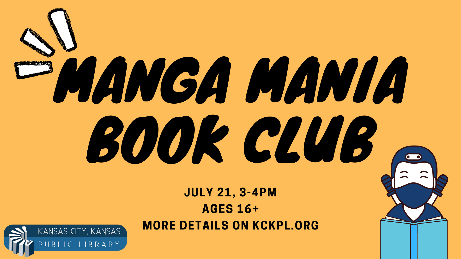 Manga Mania Book Club, July 21 at 3 pm, ages 18 and up, register on kckpl.org