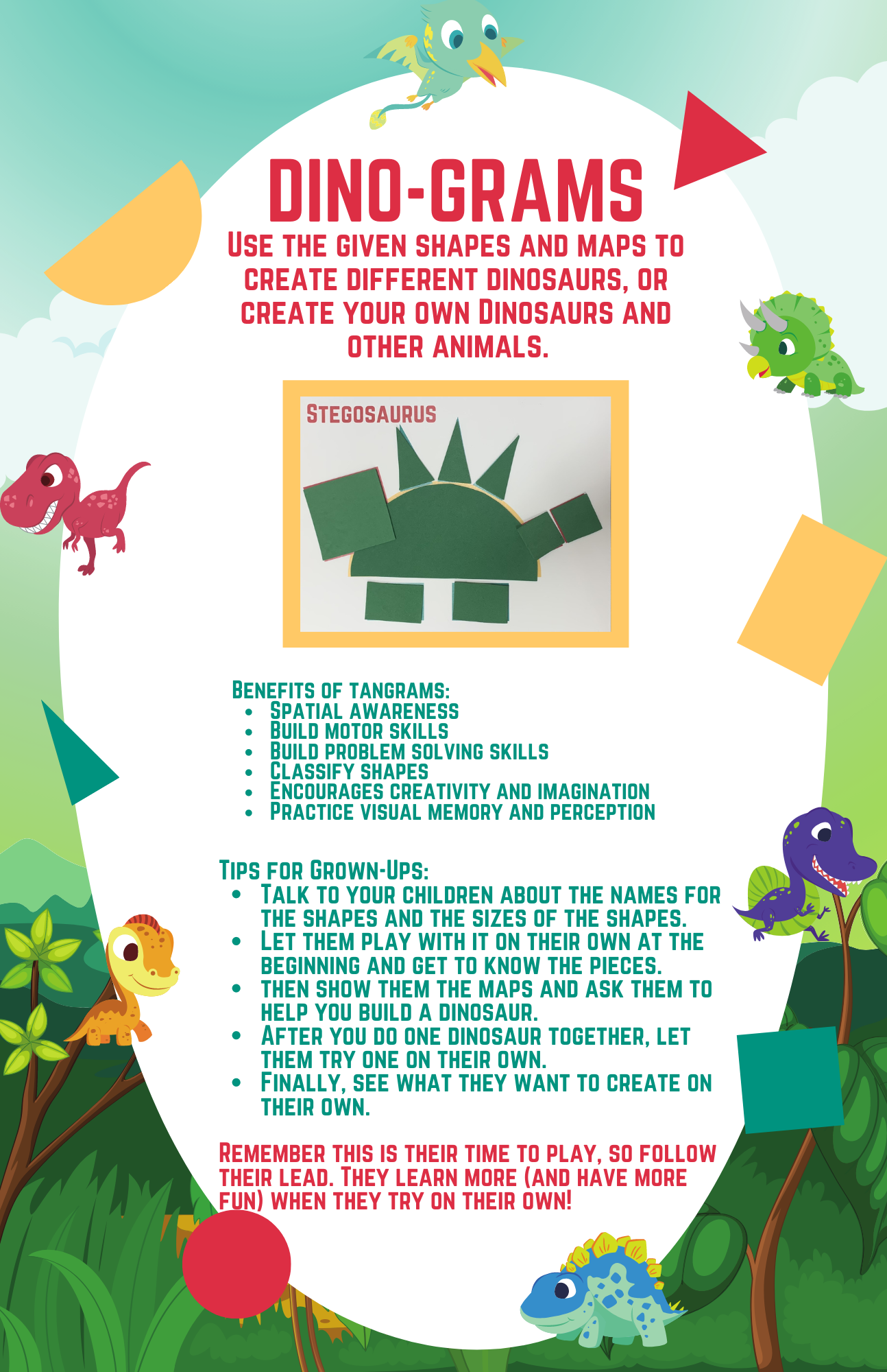 Use the given shapes and maps to create different dinosaurs, or create your own dinosaurs and other animals. Great for ages 3-8.  Kits will be available for pickup between Monday-Thursday, from 9am-7pm and Friday-Saturday from 9am-5pm at the Main Library (via curbside or at the Youth Services desk). We would love to have you share your creations with us at #kckpl.
