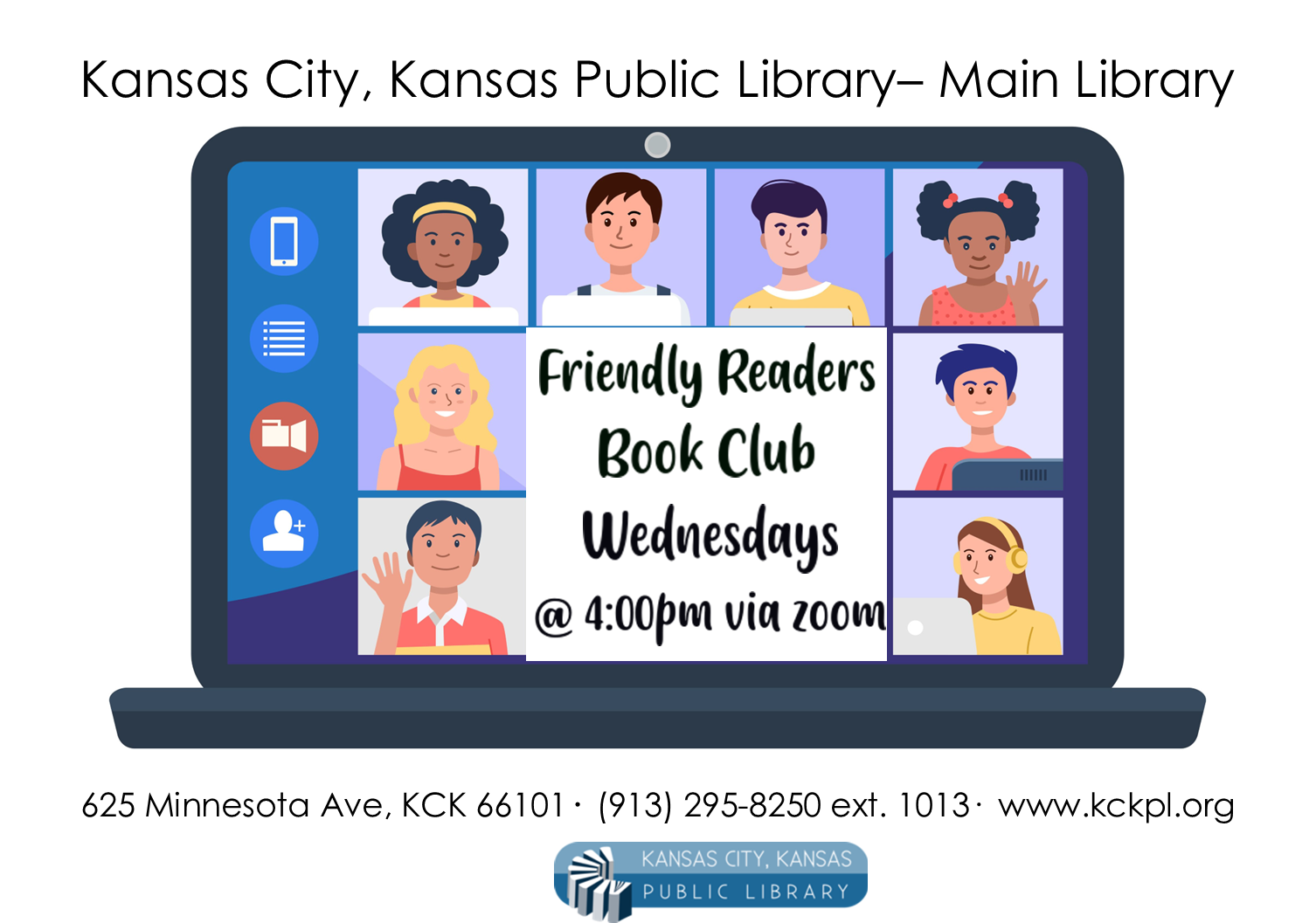 Computer screen with cartoon children. Friendly readers book club Wednesdays at 4pm via Zoom.