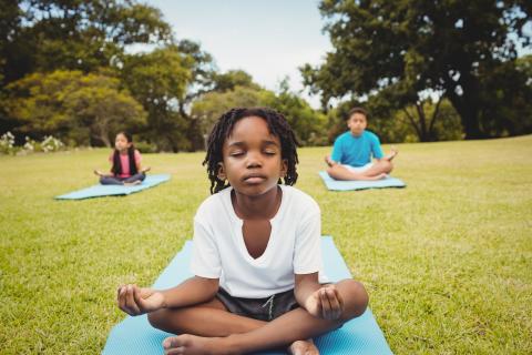 One young man with dark skin and locked hair sits cross-legged on a yoga mat in the middle of a grassy field. 