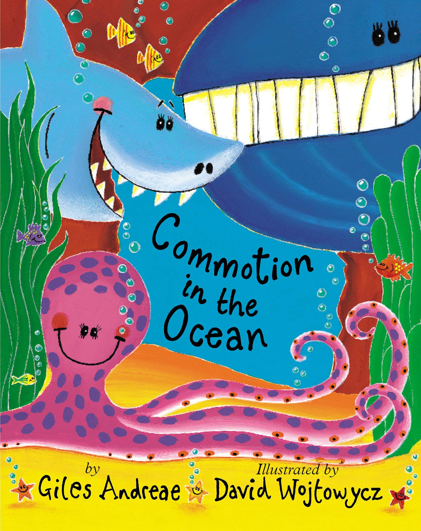 The book cover for Commotion in the Ocean features a blue whale, a blue shark, and a purple octopus. 