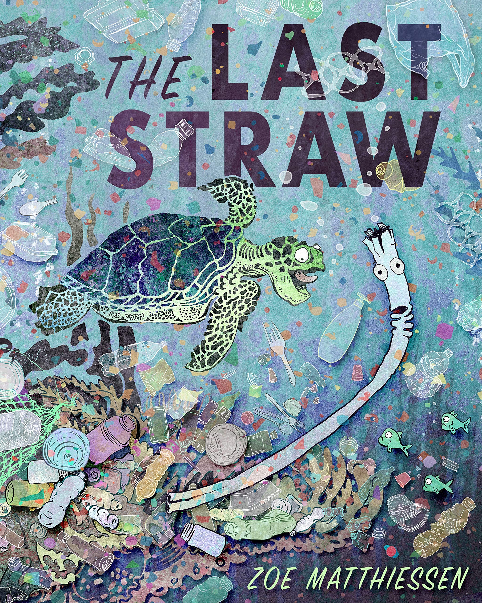 A sea turtle is swimming in an ocean of trash, and gets close to biting a plastic straw. 