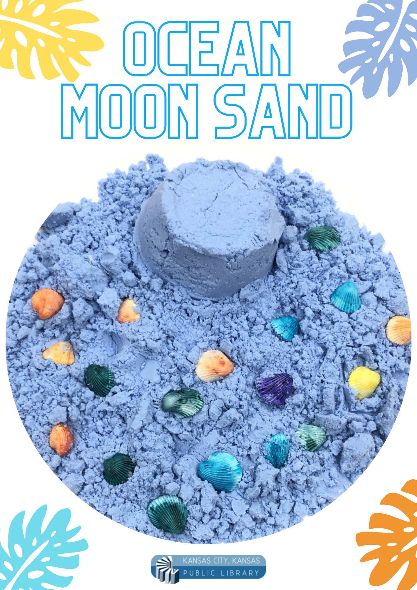 DIY blue moon sand with sea shells. 