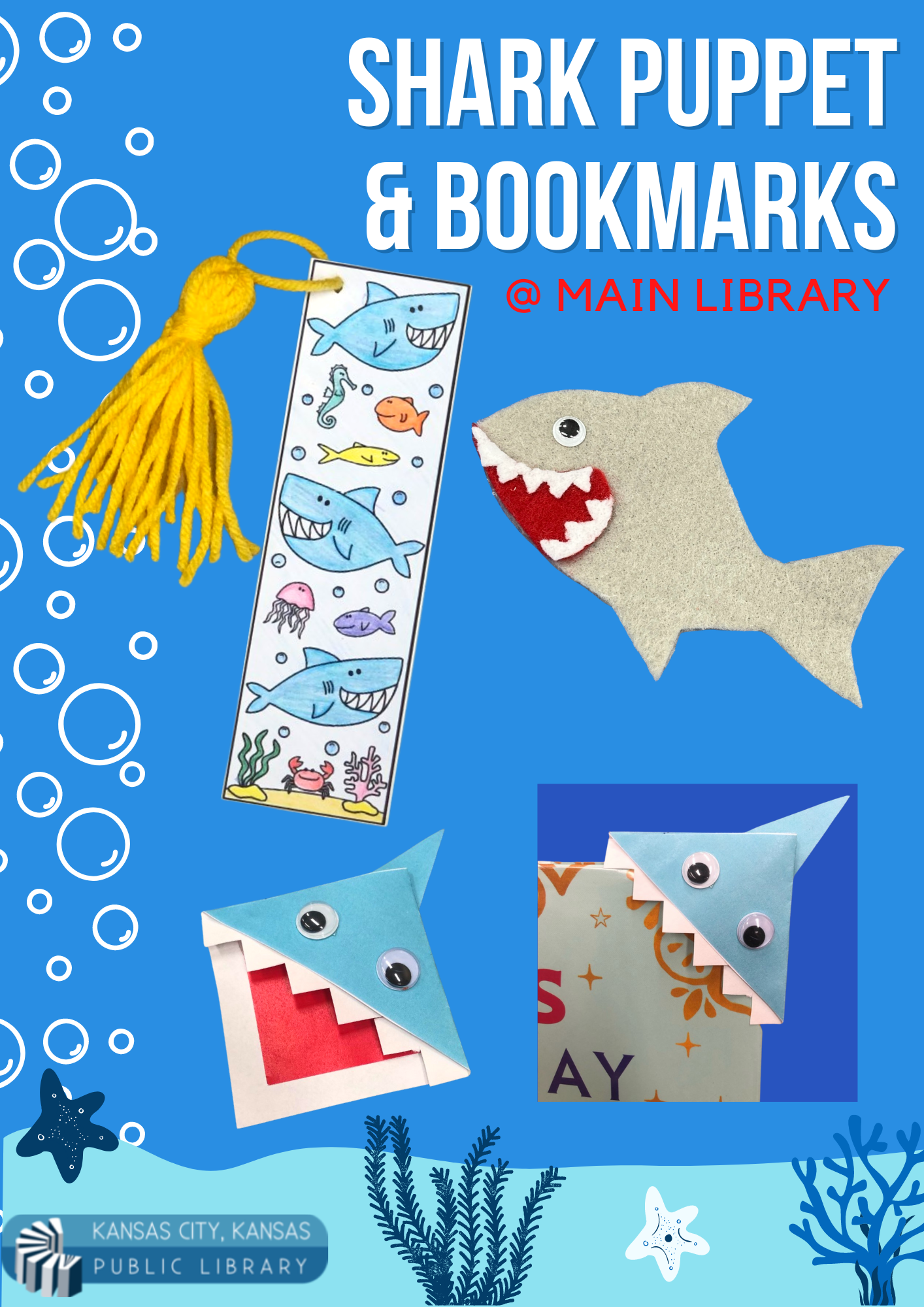 felt shark finger puppet, bookmark with tassel, and origami shark bookmark. 