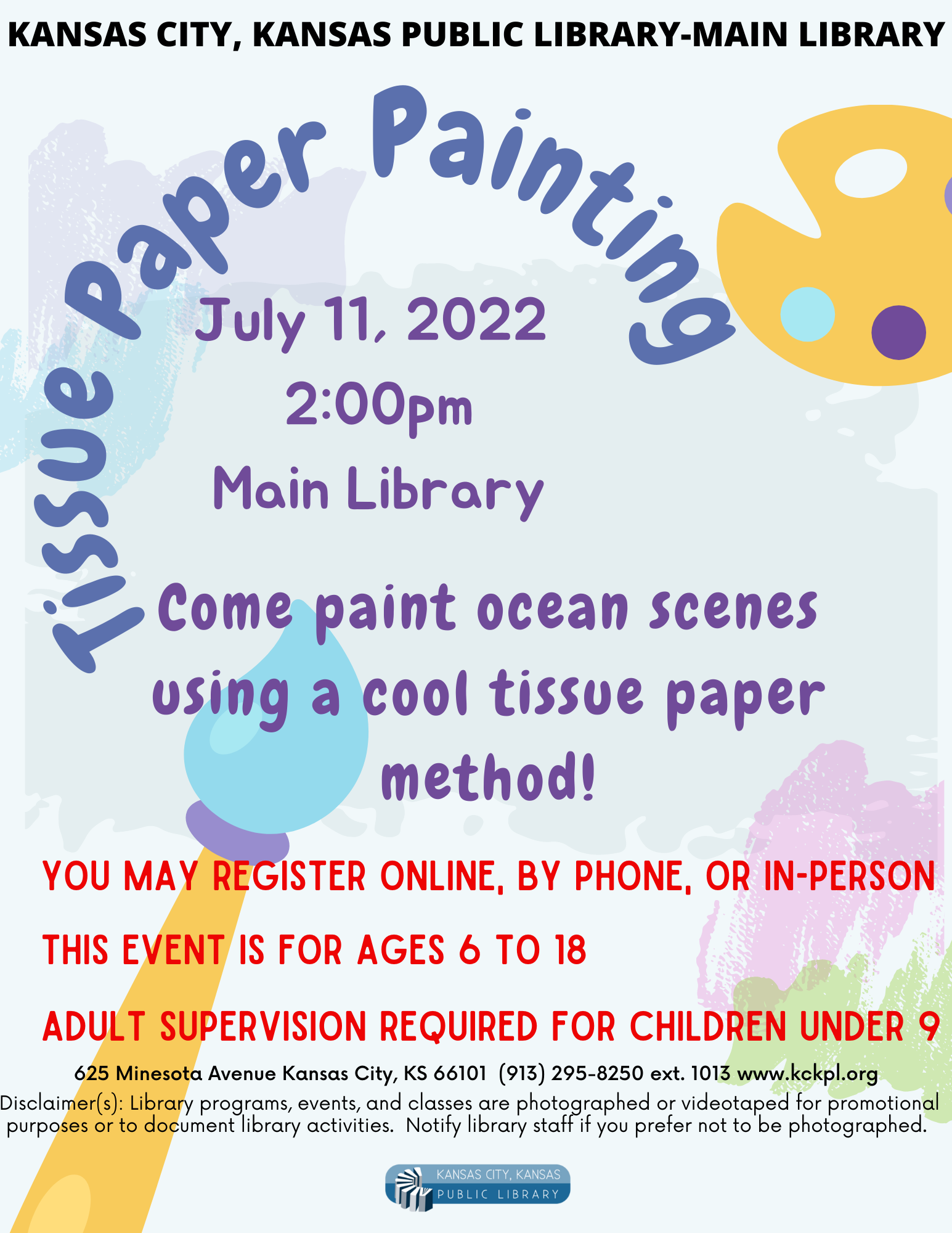 Flyer for tissue paper painting at Main Library. For ages 6 to 18.