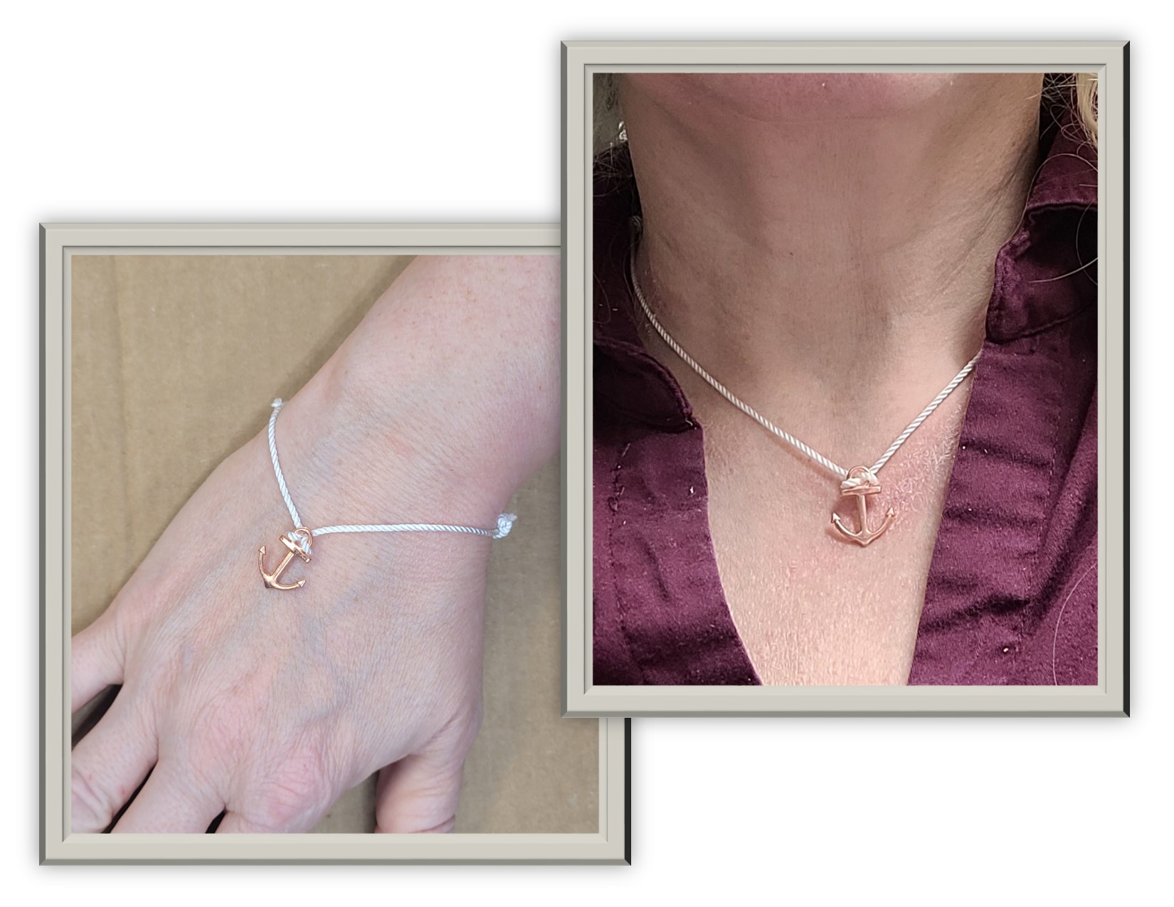 Images of a cord necklace and bracelet with anchor charms