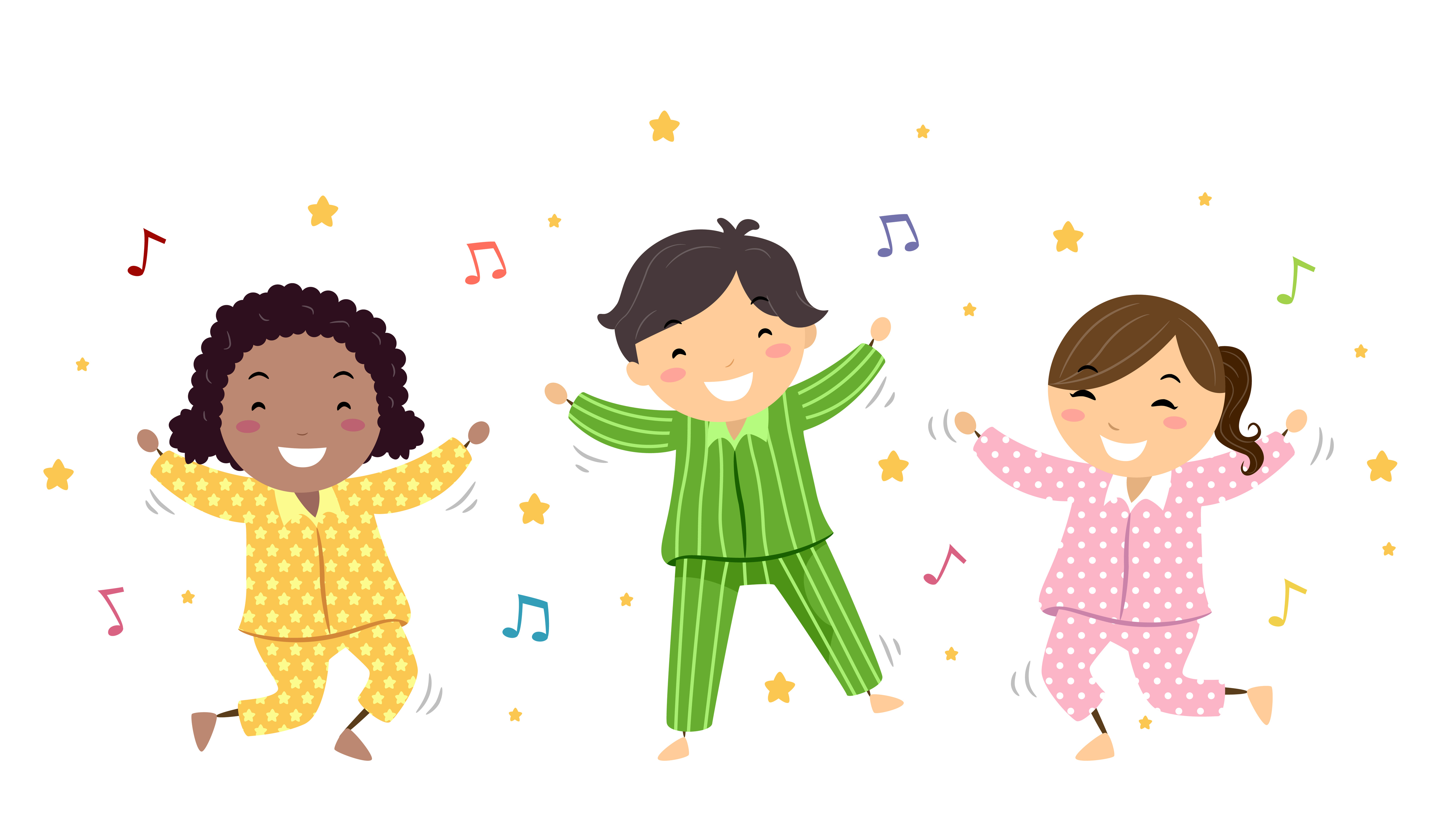 Children in pajamas dancing to songs and stories
