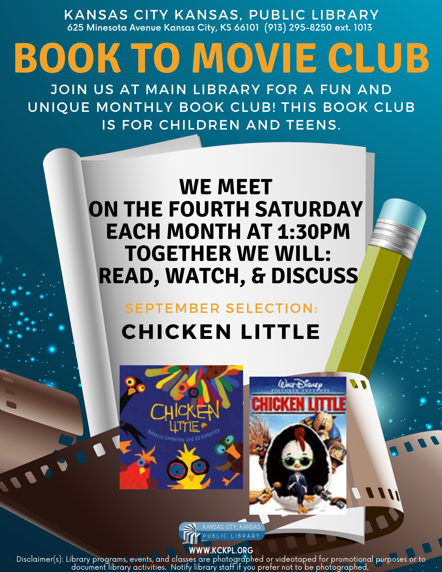 Book to movie club flyer for Main Library.