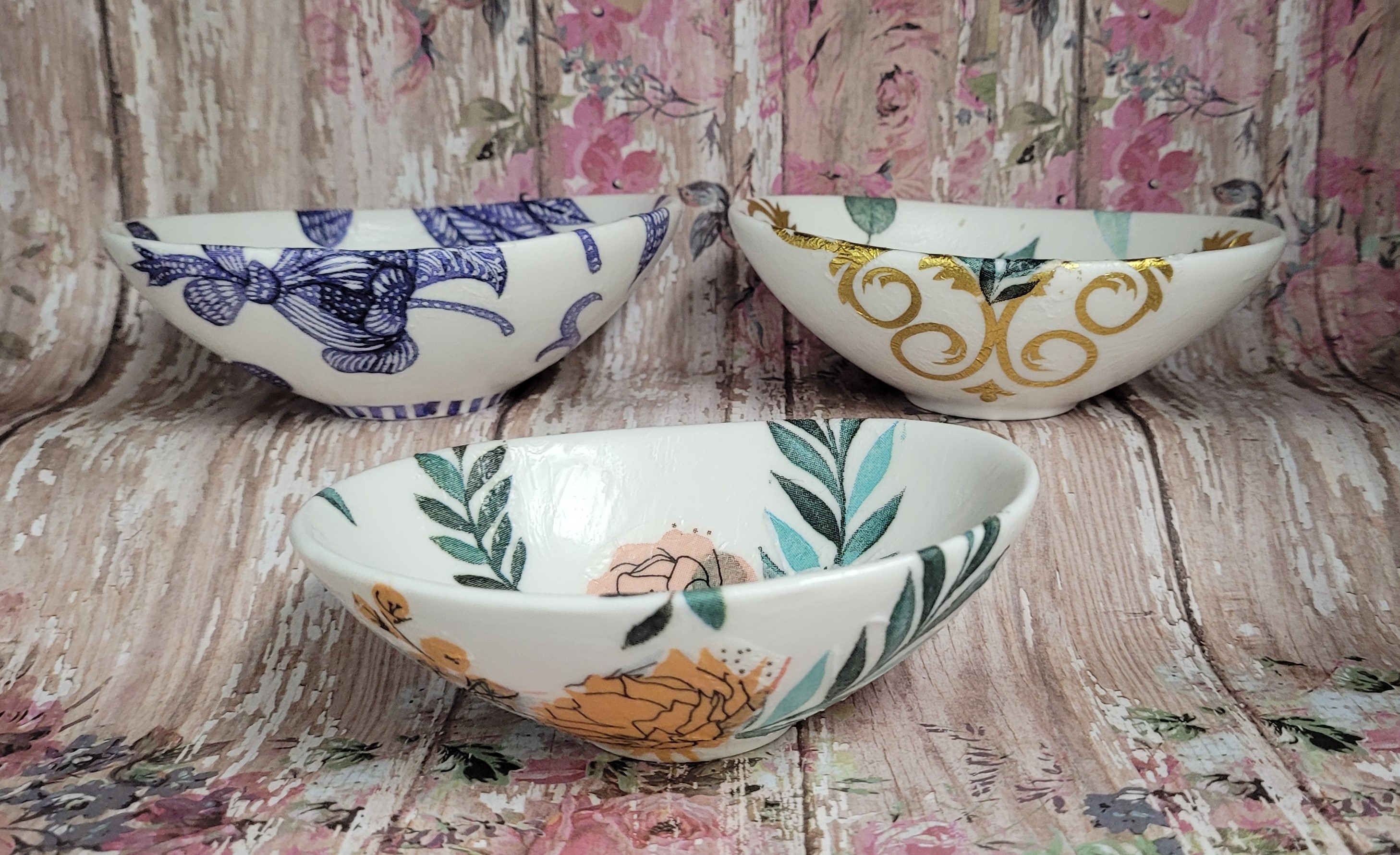 small decoupaged ceramic bowls