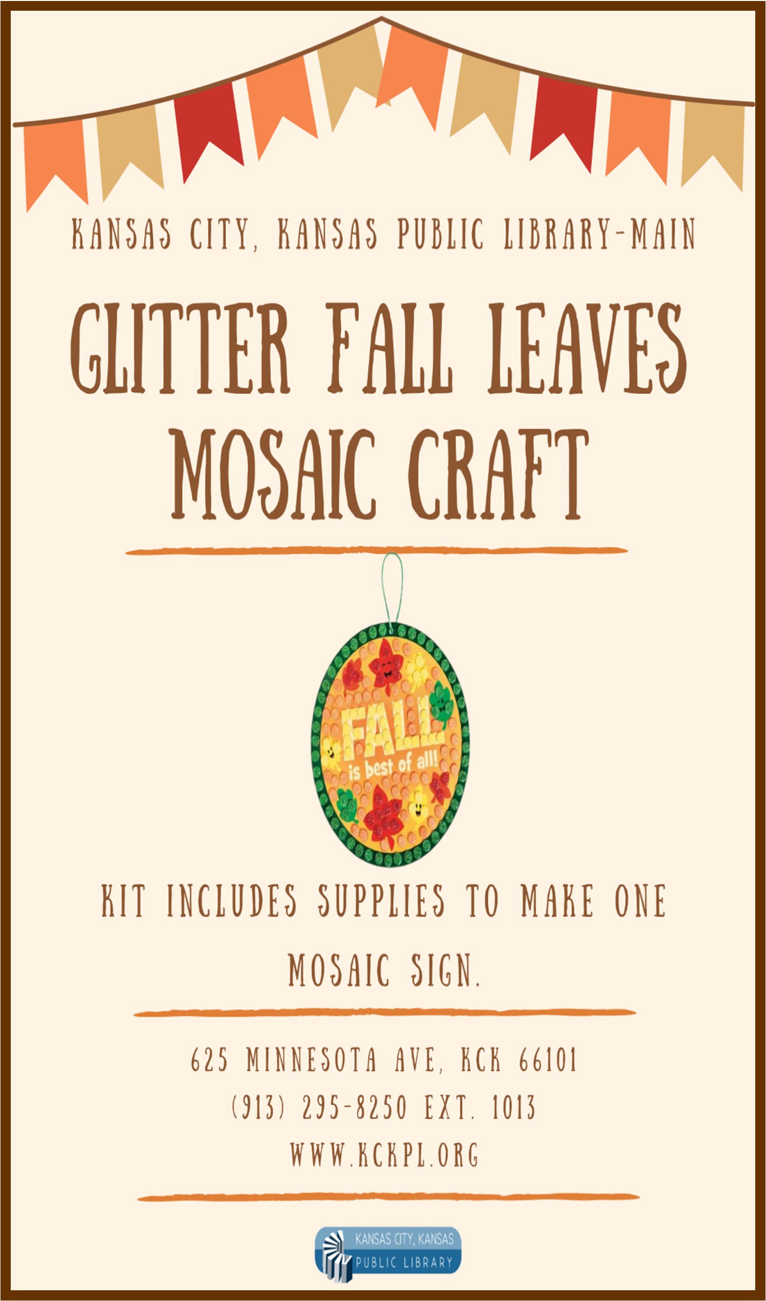 Fall Craft flyer for Main Library. Glitter fall leaves mosaic sign.