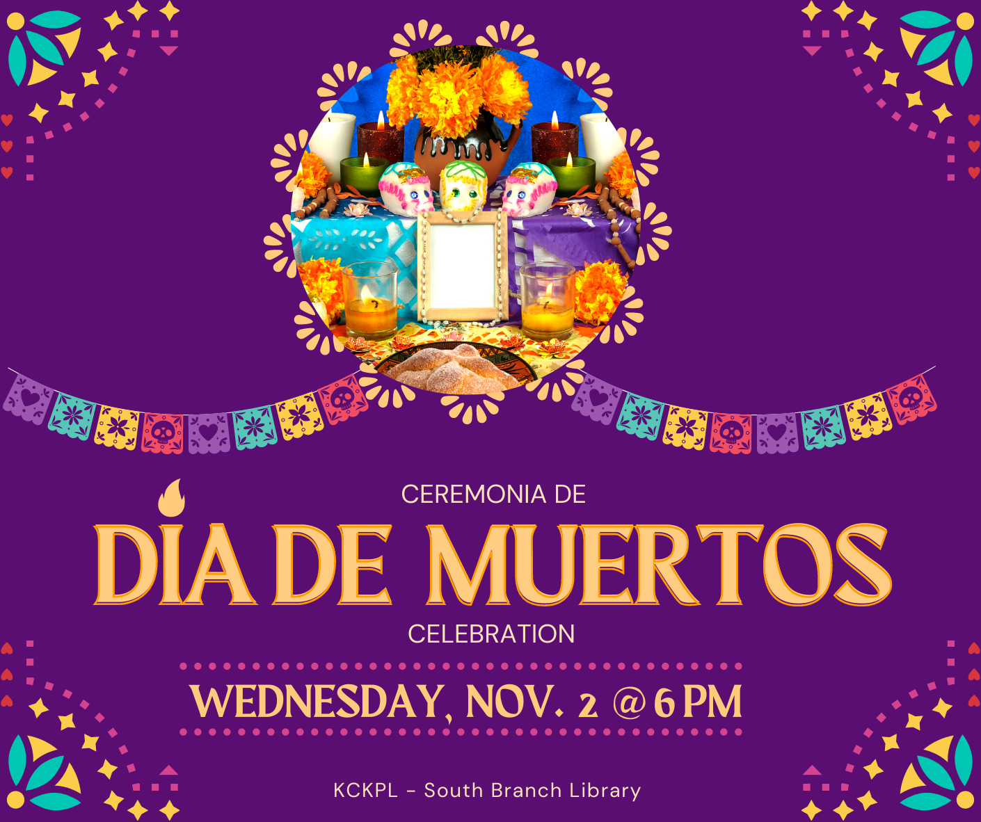 Dia de Muertos flyer with papel picado and sugar skulls on an altar