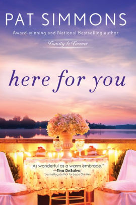 Photo of book cover for Here for You by Pat Simmons featuring a table for two at sunset.