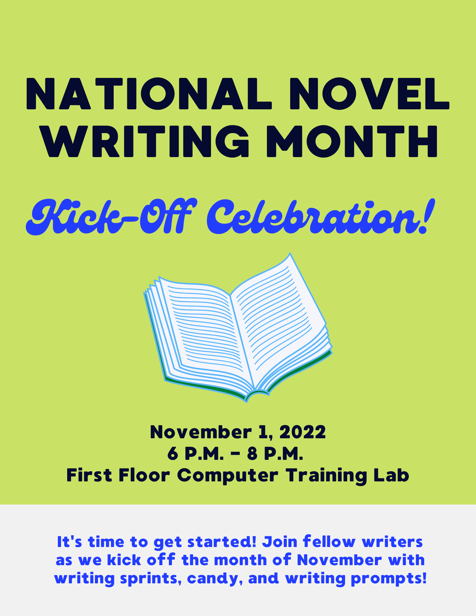 National Novel Writing Month Kick-Off Celebration: November 1, 2022 6 PM- 8 PM First Floor Computer Training Lab 
