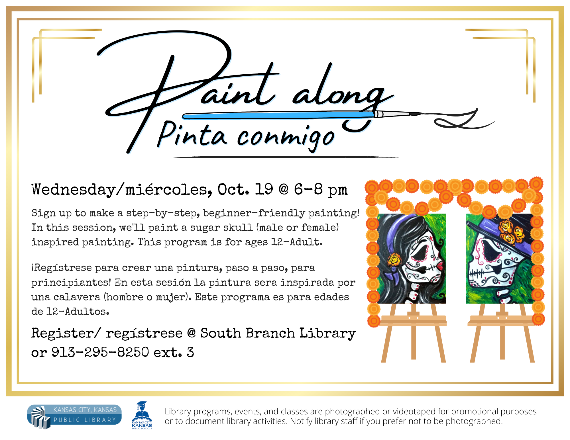 Paint along flyer showing possible sugar skull paintings