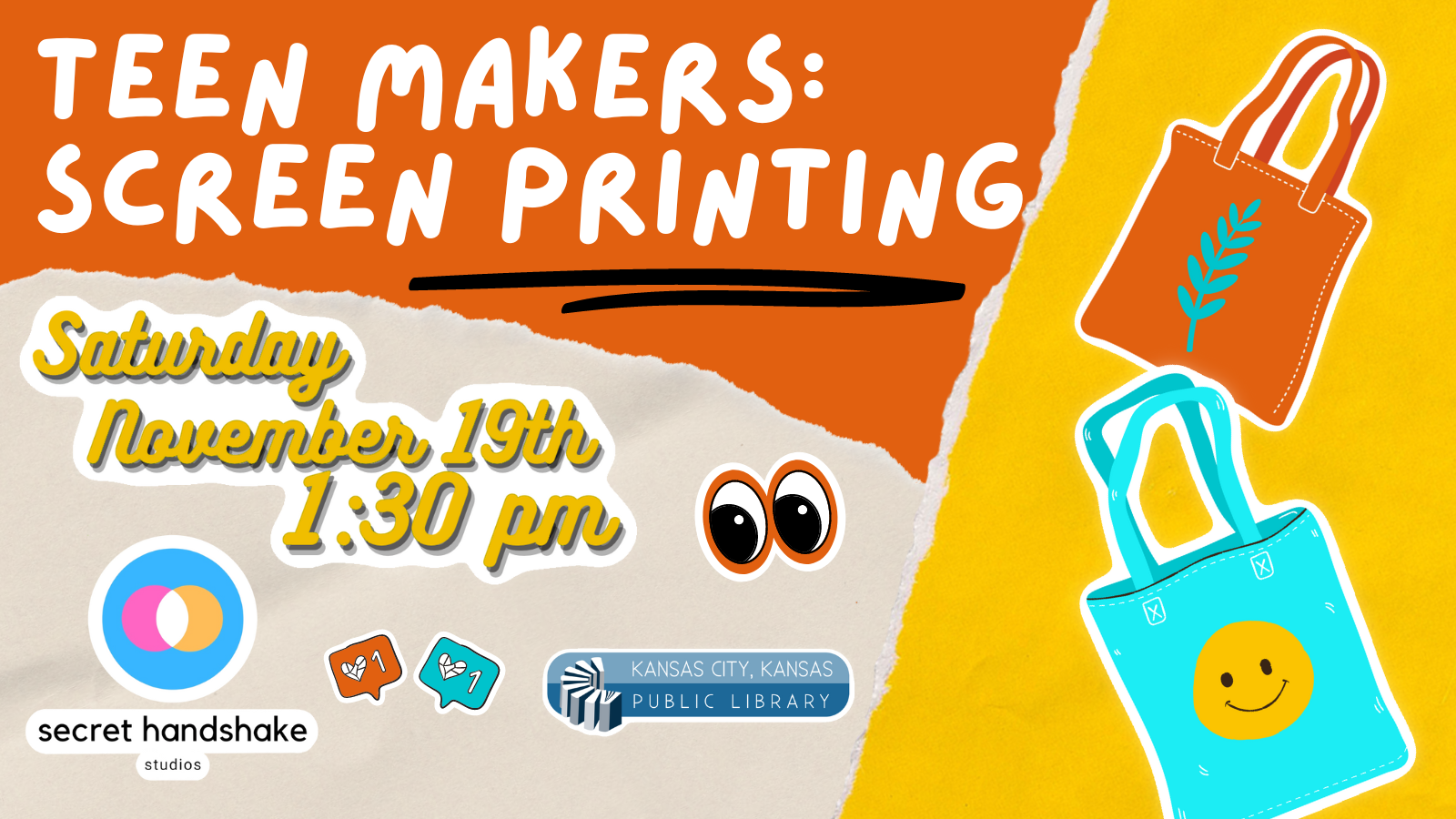 Teen makers: screen printing. cartoon totebags pictured. 