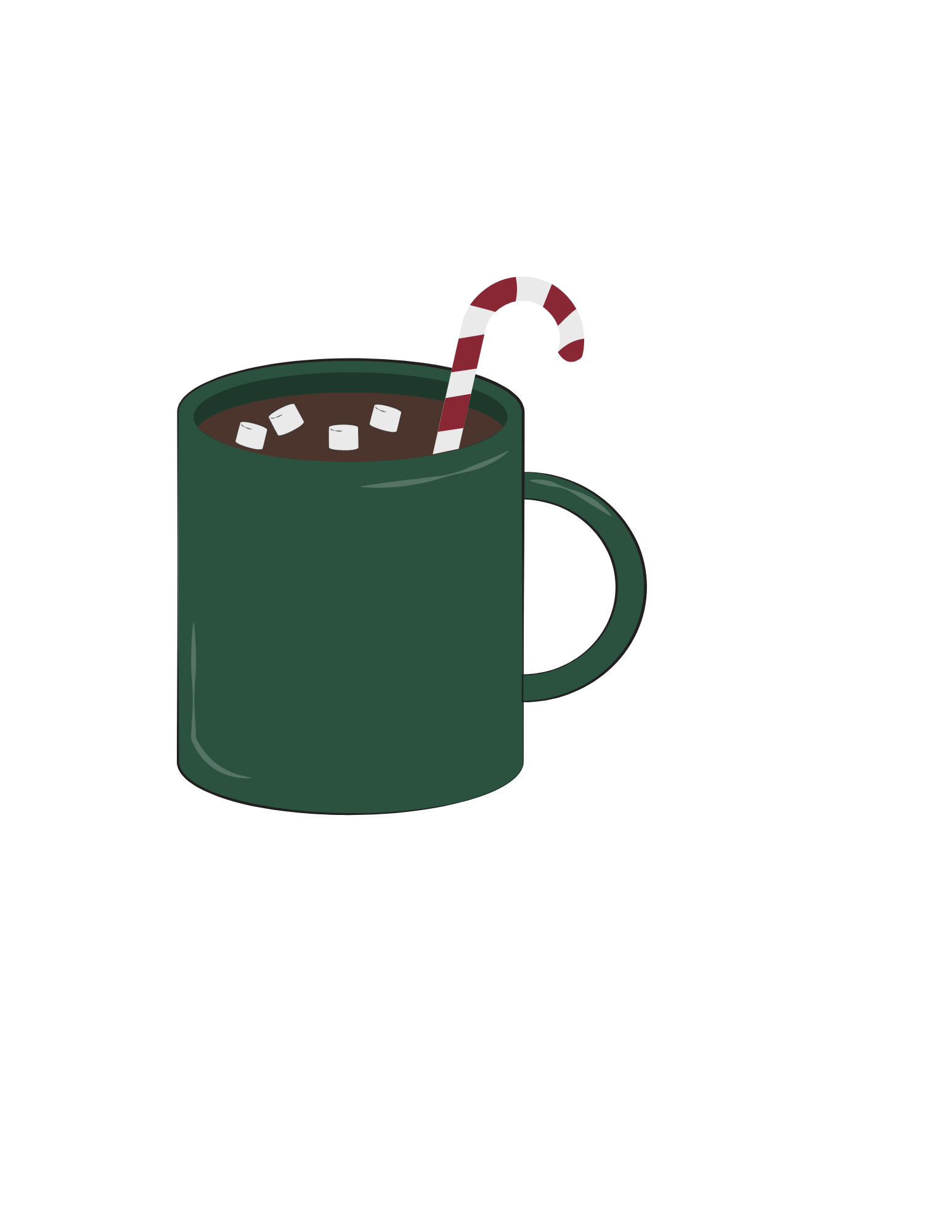 Green mug filled with hot cocoa marshmallows and a candy cane