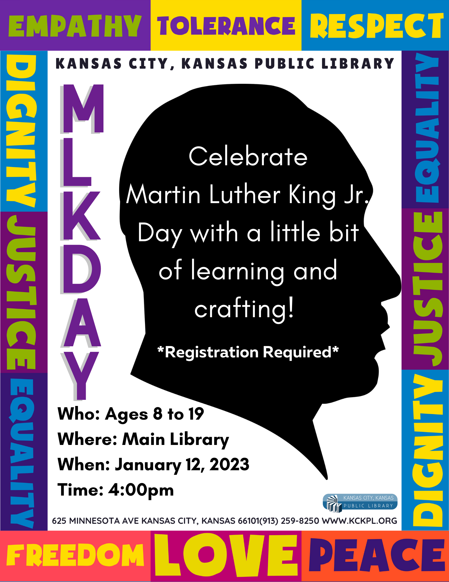 martin Luther King Jr. Flyer for Main Library. Celebrate with a bit of learning and a craft.
