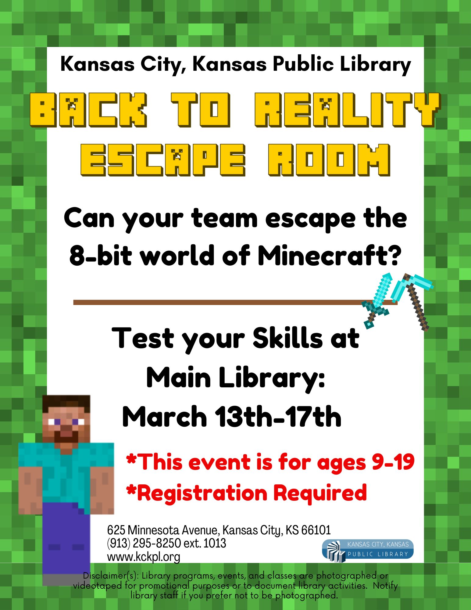 Back to reality Minecraft escape room flyer for Main Library.