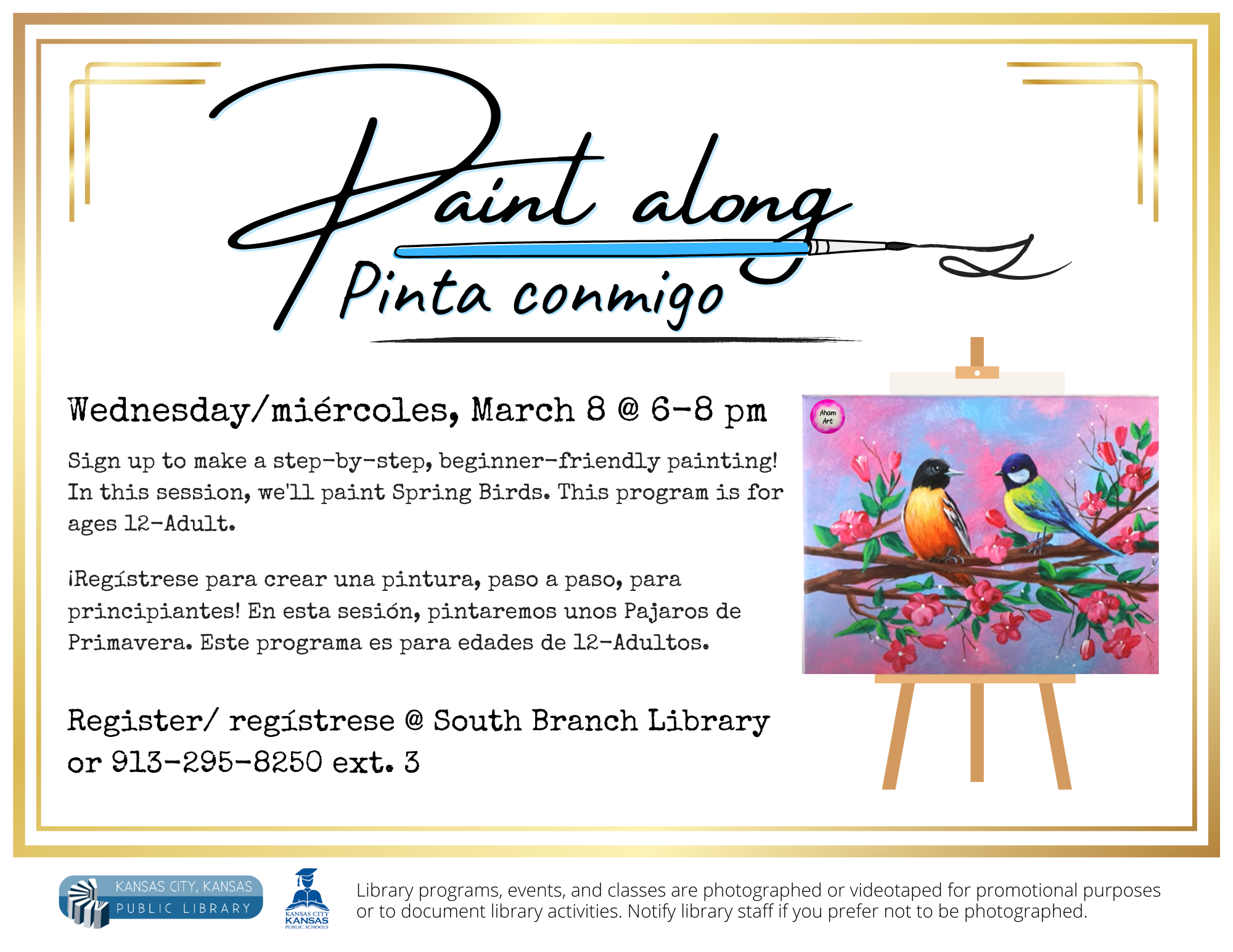 Paint Along flyer for March 8 at 6pm, registration required