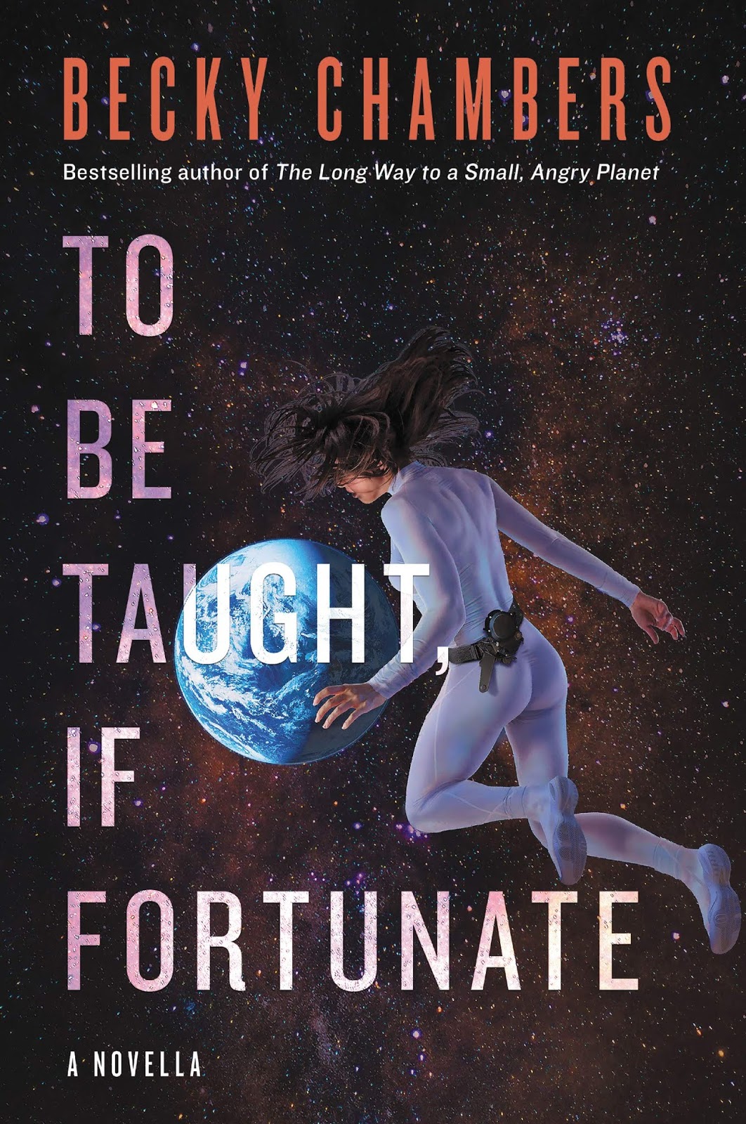 A person in a white unitard with a black belt floating in space looking down on a blue planet.