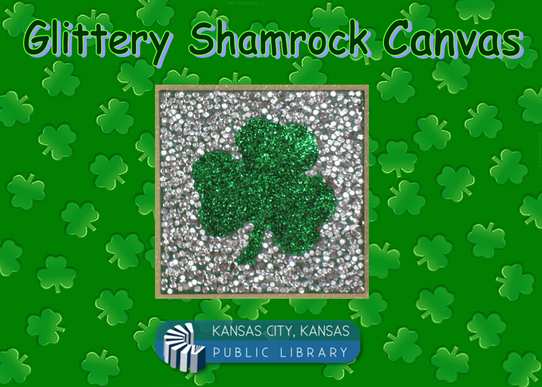 Green Glittery Shamrock in middle of canvas with silvers sequins around it
