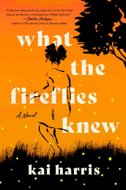 A orange faded to yellow sky with a rough drawn tree grass and sketch of a girl with abstract fireflies scattered across everything.