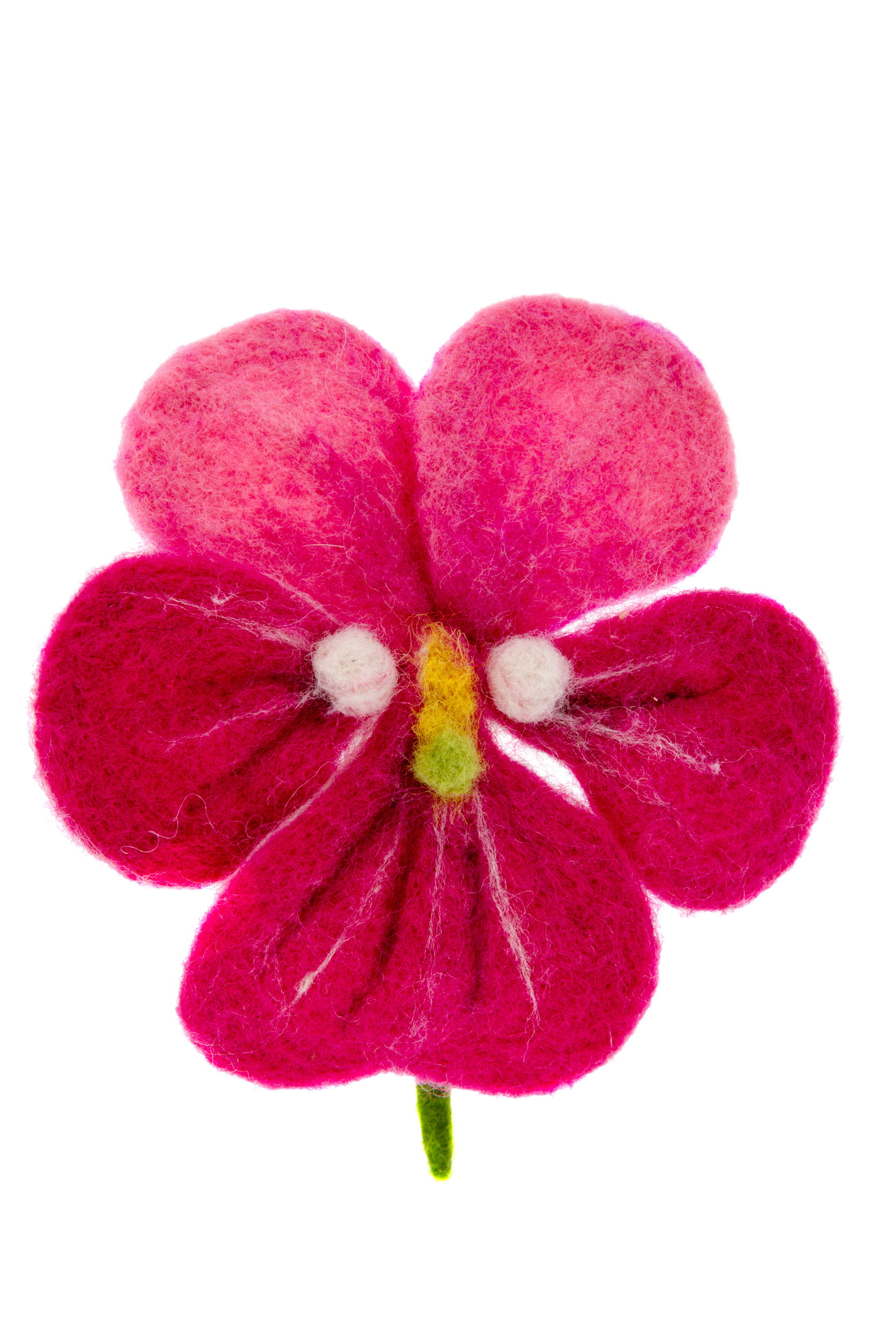 A tricolor pink flower made out of felt against a white background. 