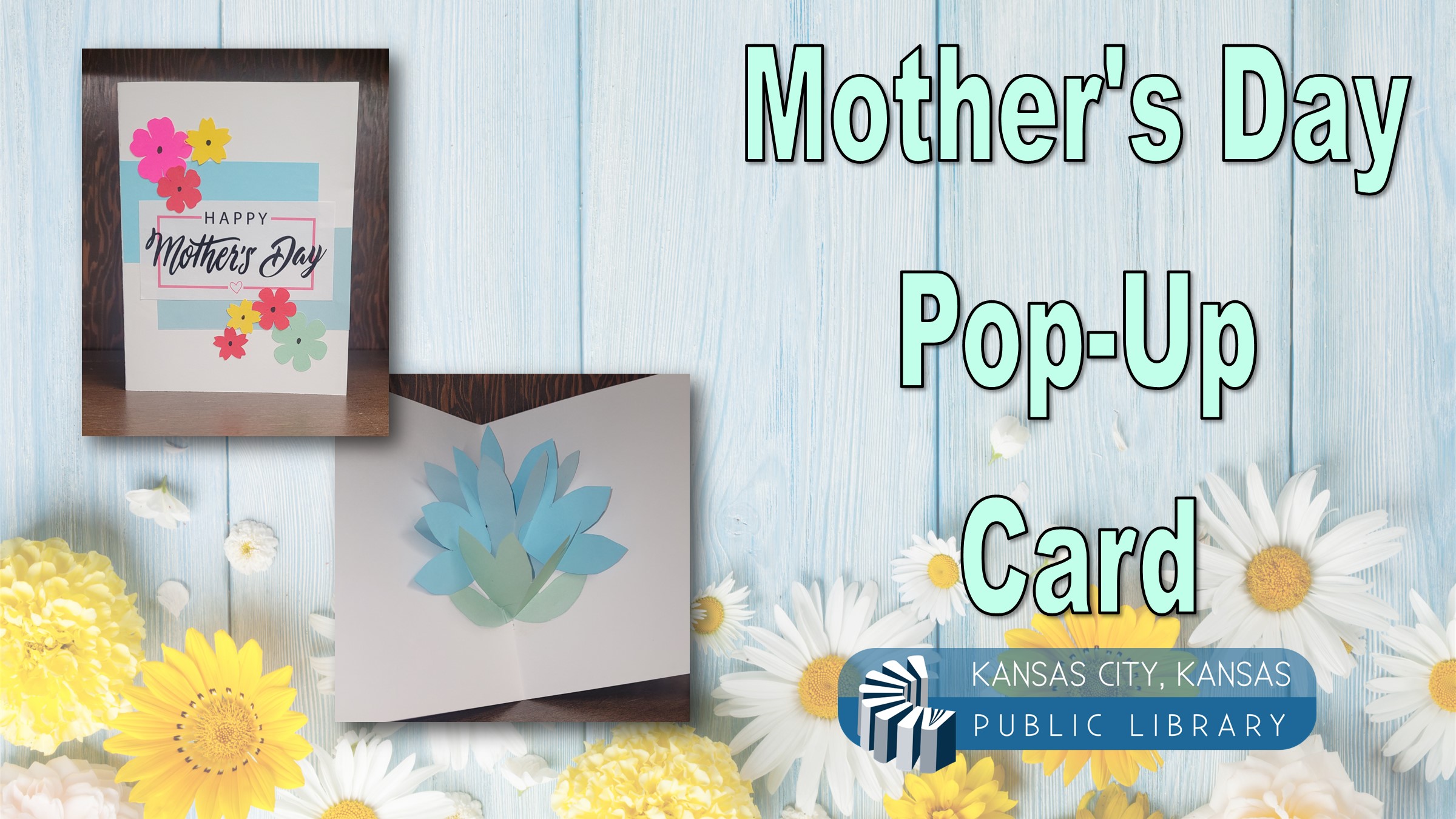 Pop-up card image with library logo on a background of flowers and blue wall