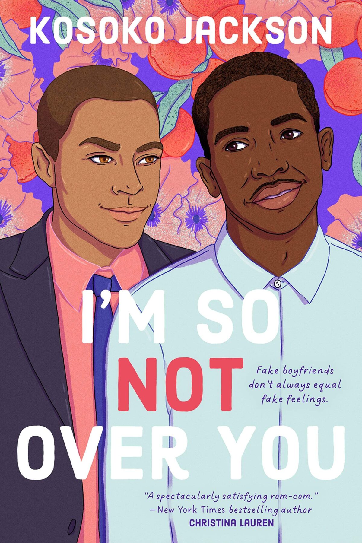 A bright pink and purple floral background with two black men side eyeing each other on the cover.