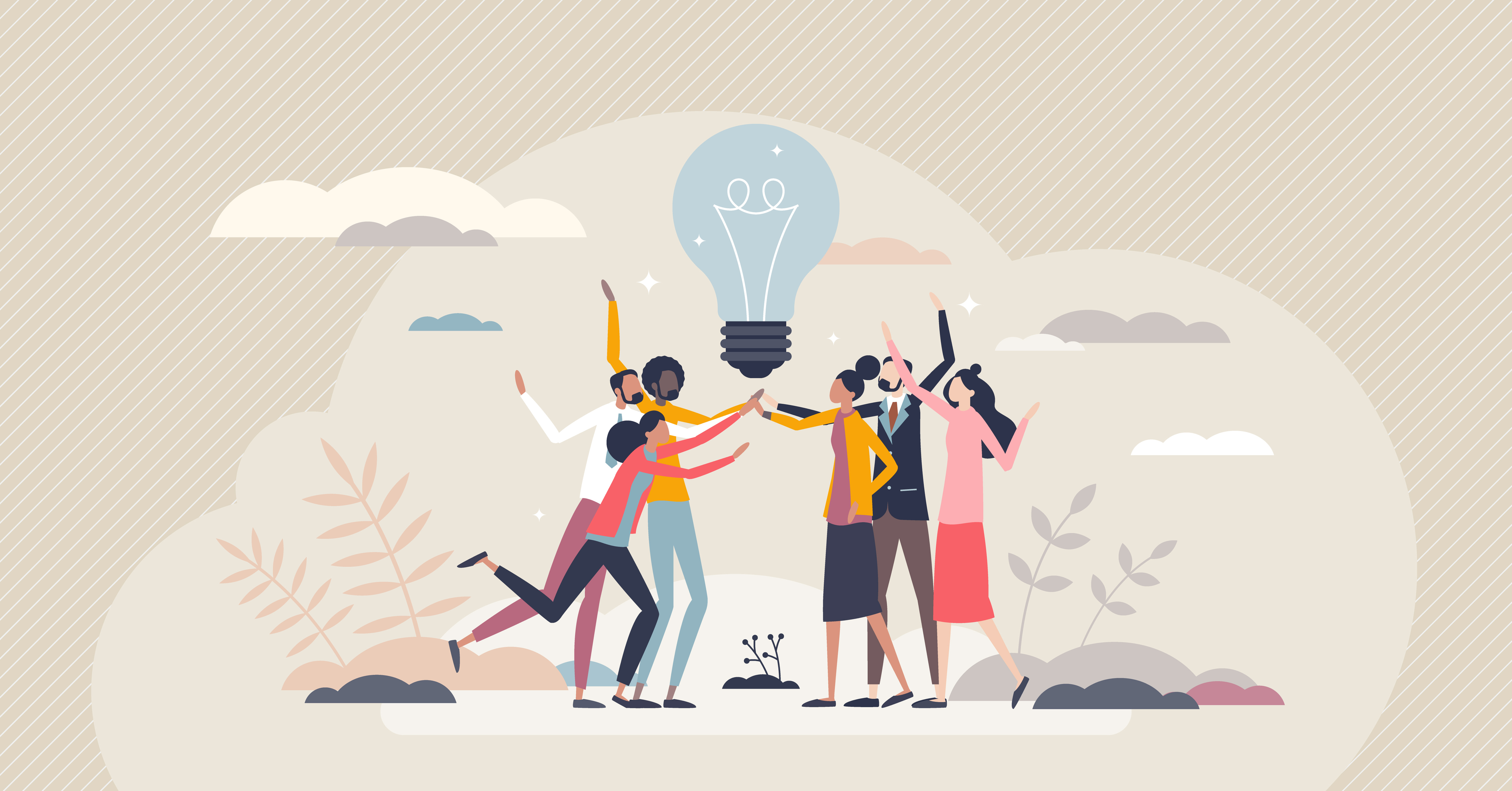 illustrated team of 6 people putting their hands in to symbolize teamwork beneath a lightbulb
