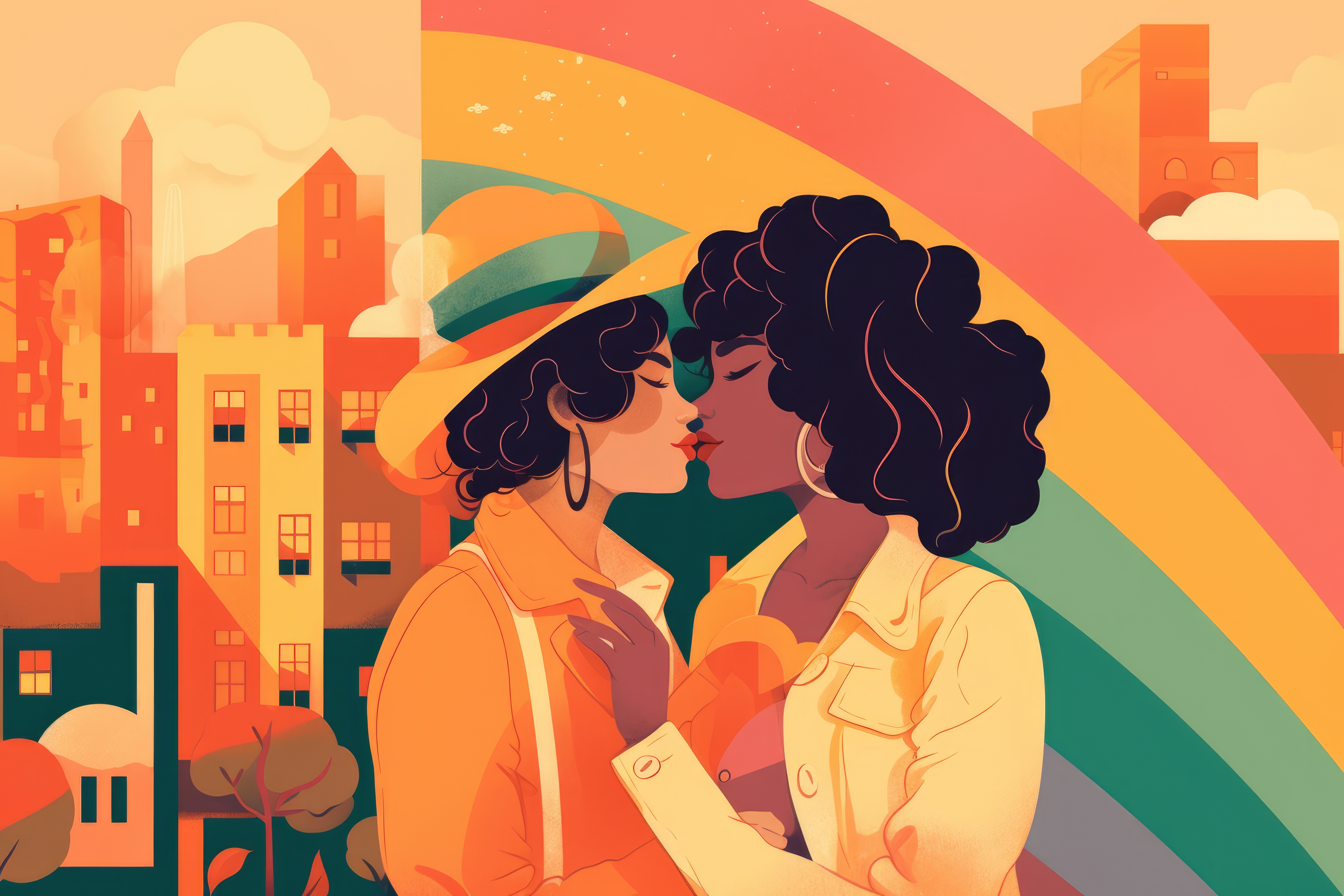 Lesbian couple over a rainbow and city backdrop