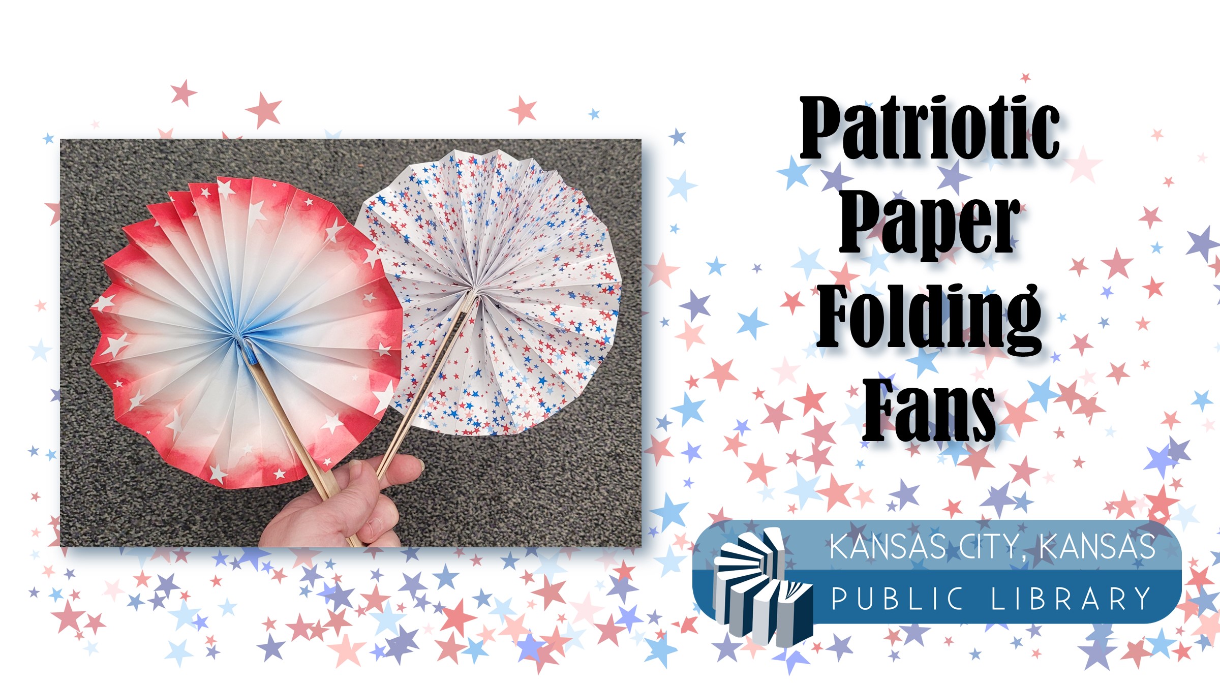 pic of two paper fans with title and library logo