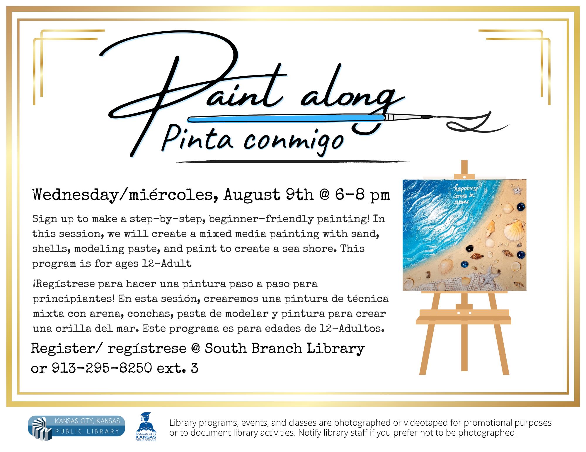 Paint Along flyer for August 9th at 6-8pm. Registration required.