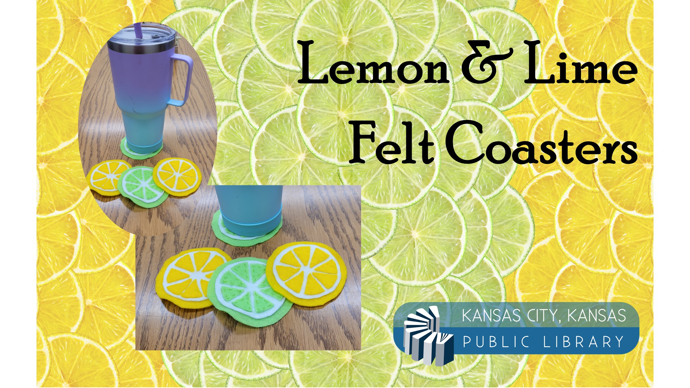 Pictures of lemon and lime slice coasters on a green and yellow background