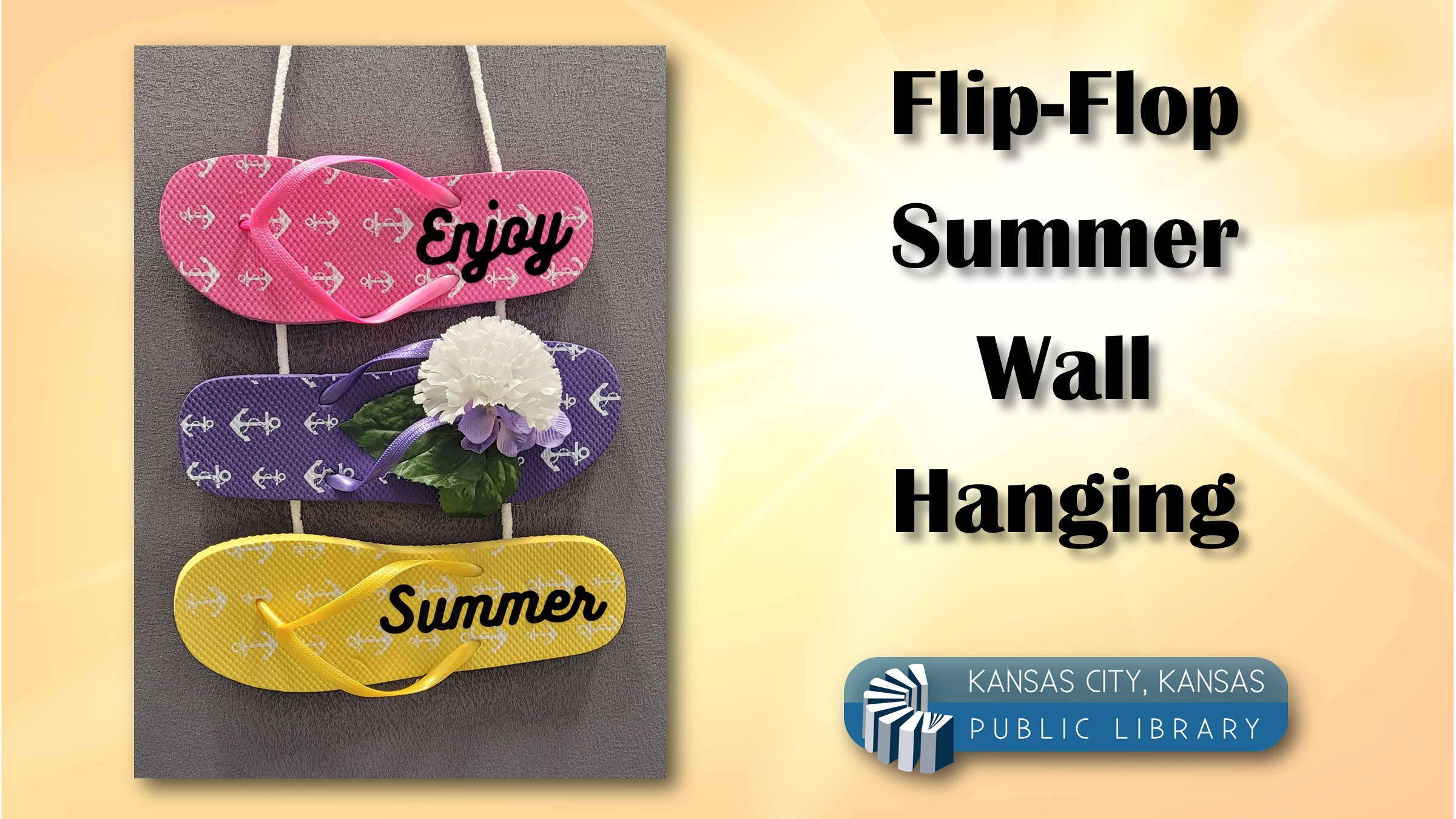 Flip flop wall decoration with the library logo on a yellow background