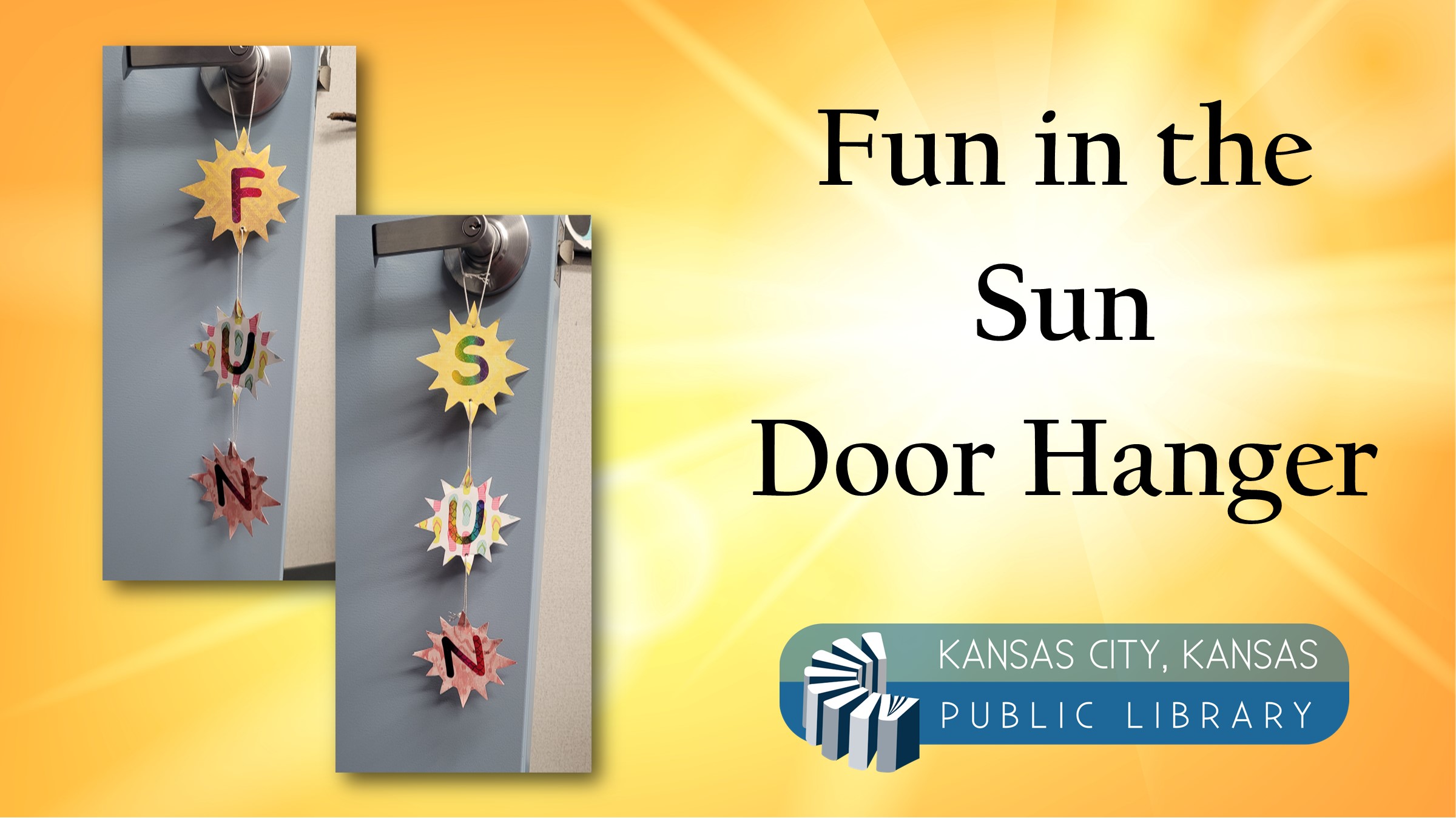 Sun-themed door hanger & library logo on a sunny background