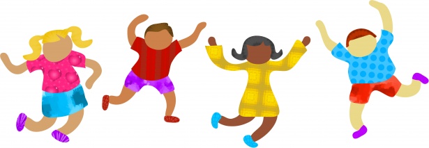  Four kids in brightly colored clothes dancing