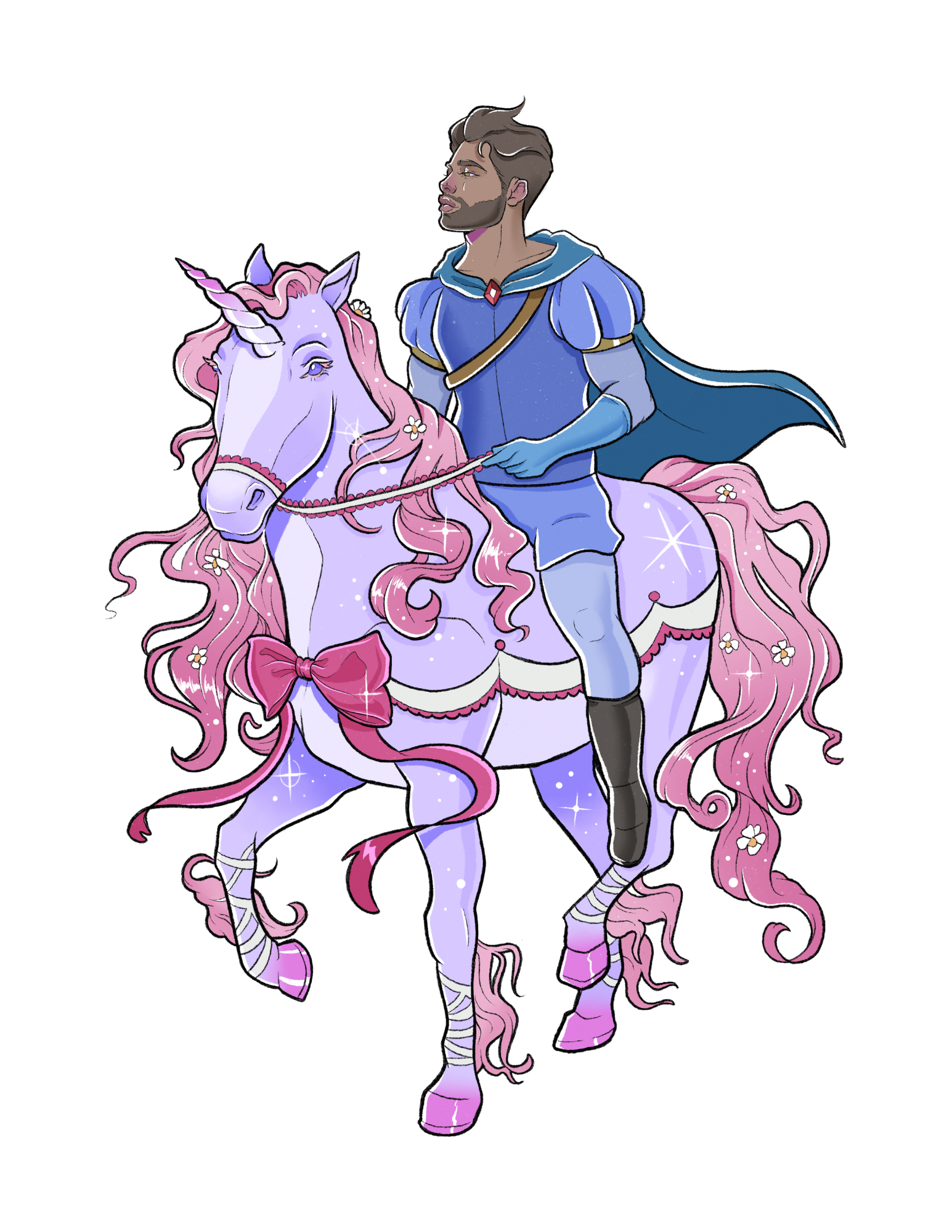 A man dressed in blue medieval style clothing rides a pink unicorn