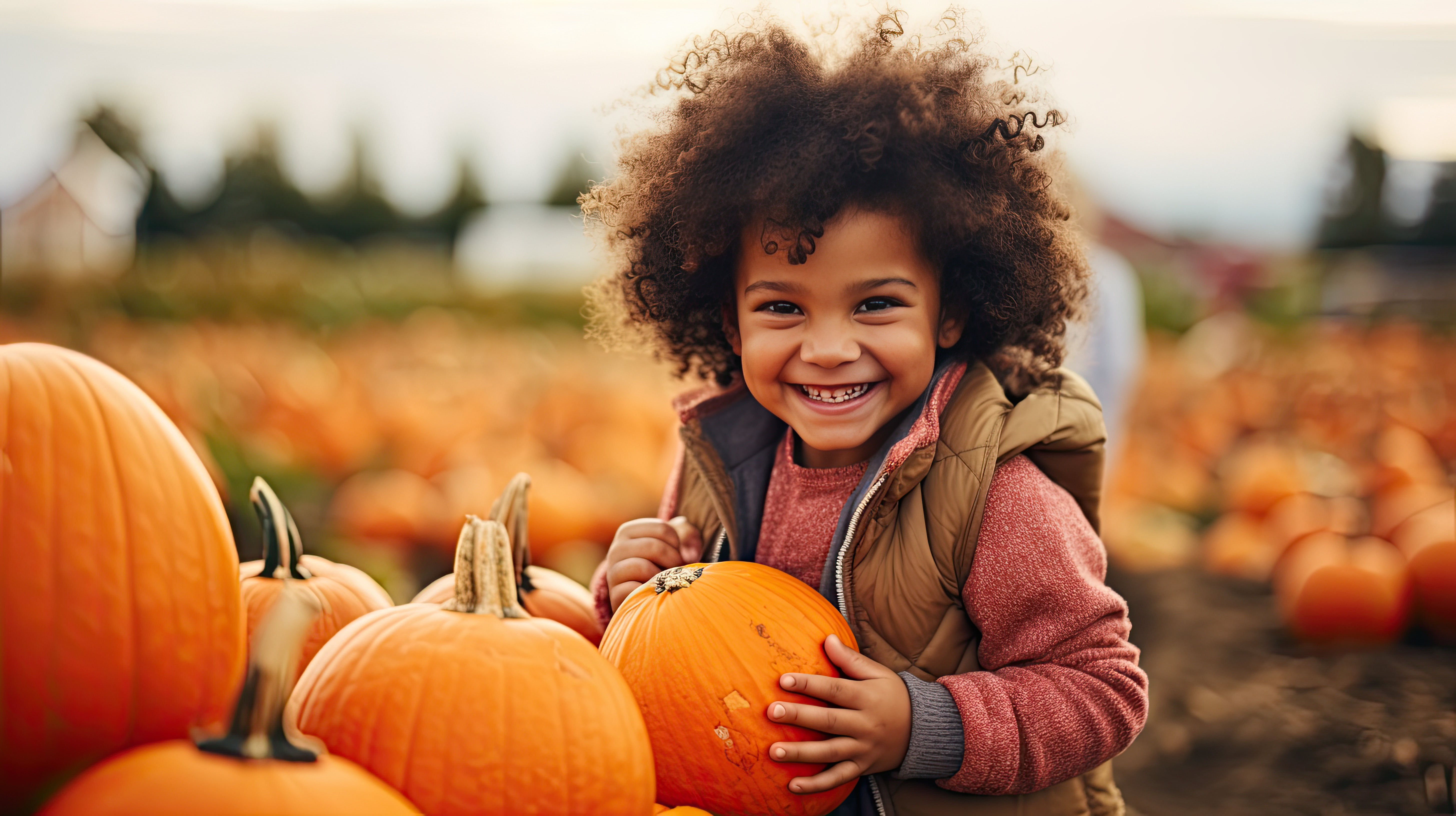 Little kid with pumpkins