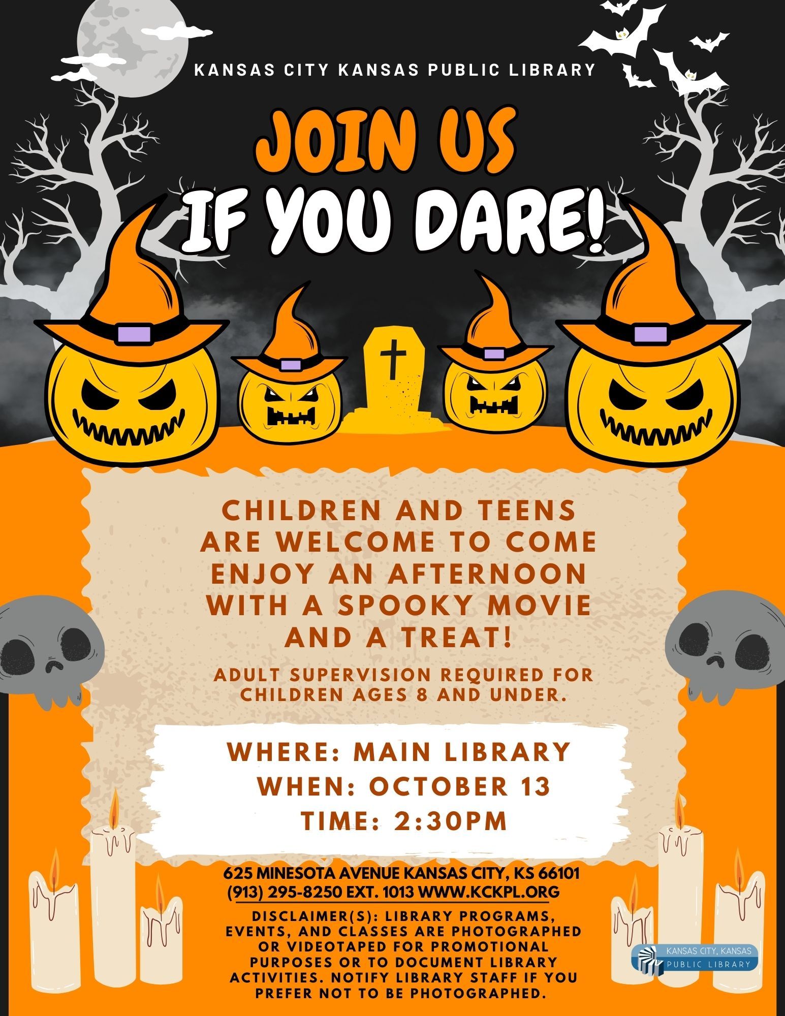 Flyer for Spooky Movie afternoon at Main Library.