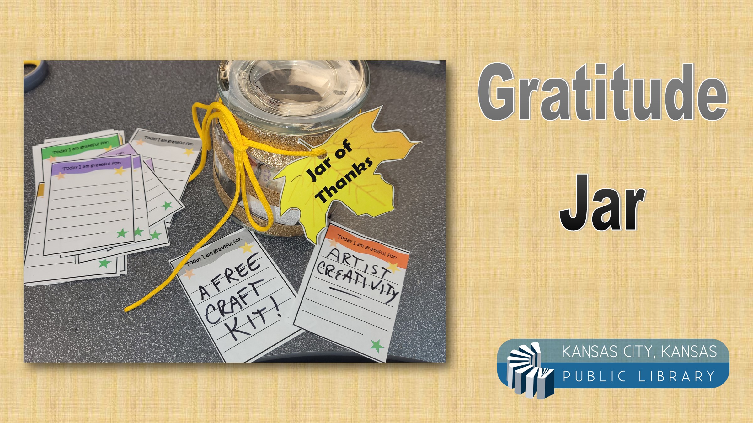 Gratitude jar with title and library logo