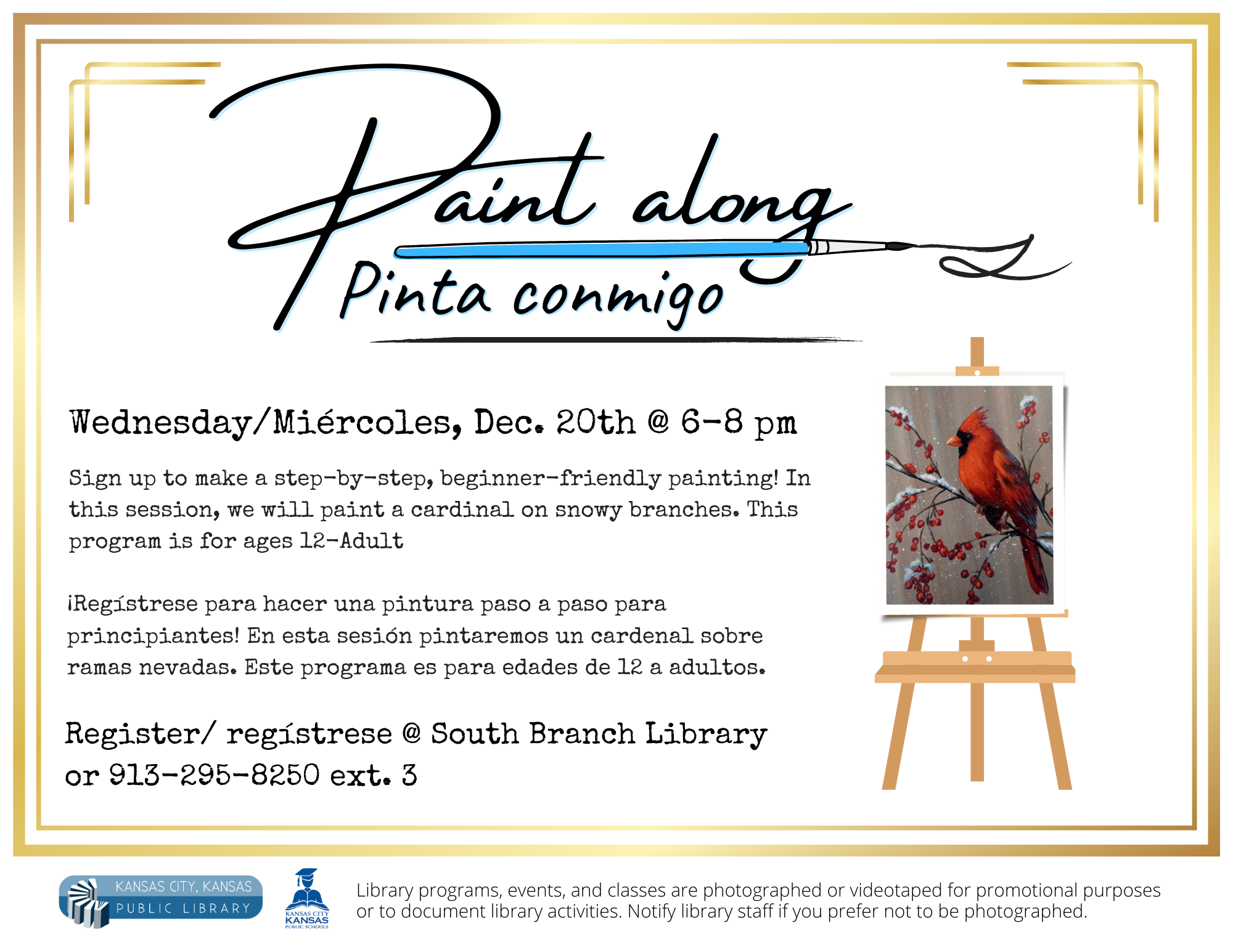 Paint Along @ 6pm on Dec. 20th. Painting a cardinal on snowy branches. Call to register.