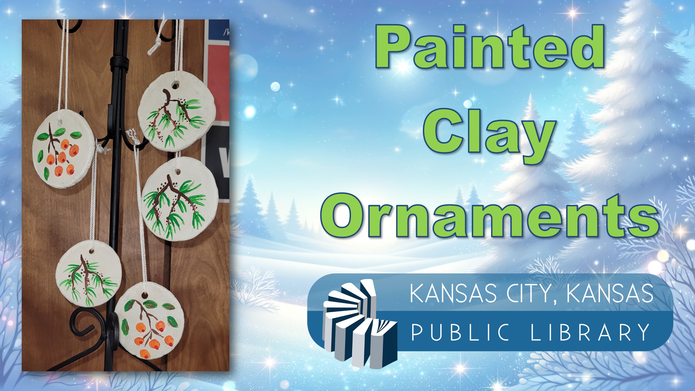 image painted clay ornaments, title and library logo on a snowy background