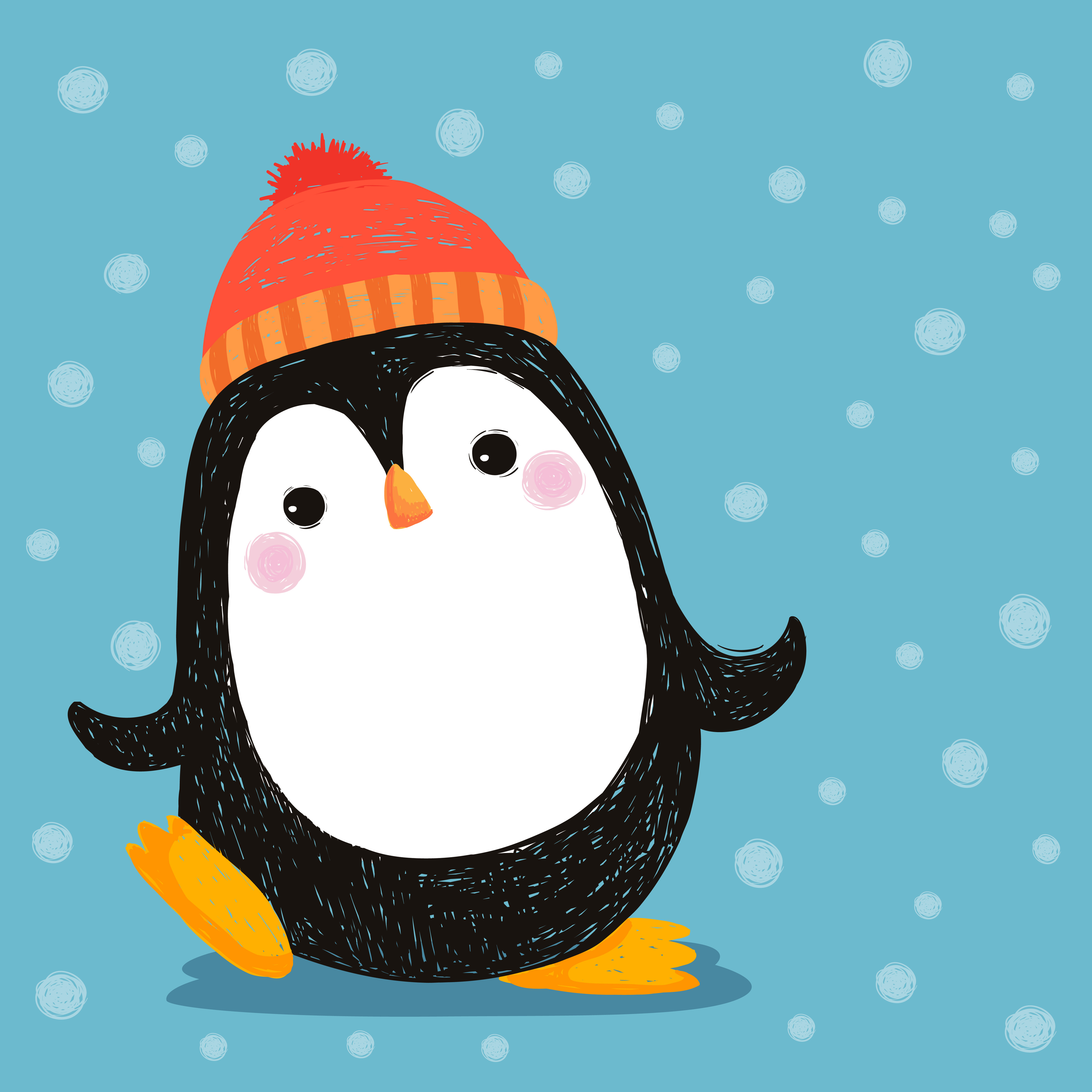 Winter penguin dancing in snowflakes.